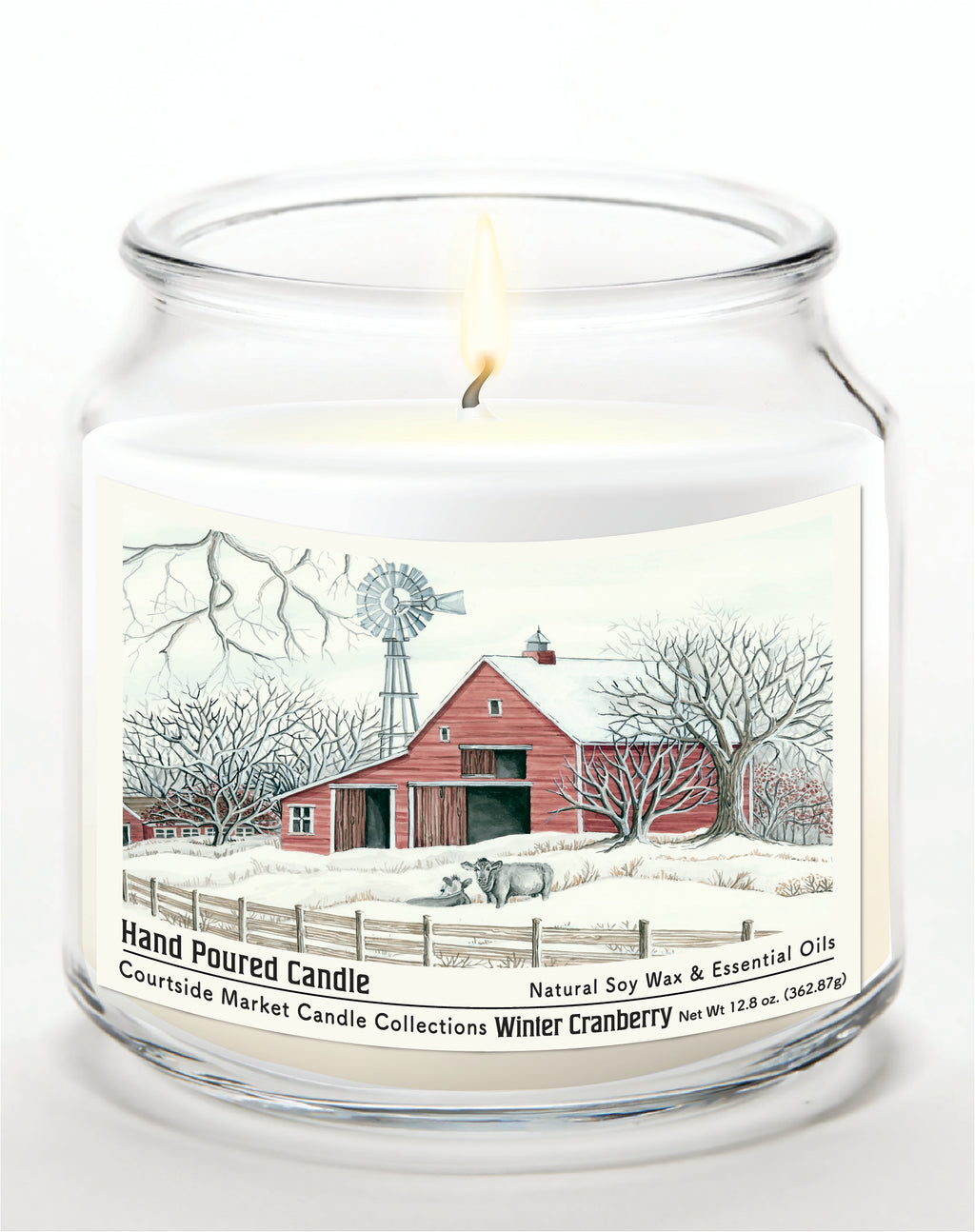 Winter Barn with Mill 14 oz Candle Glass Jar with Brushed Silver Metal Lid