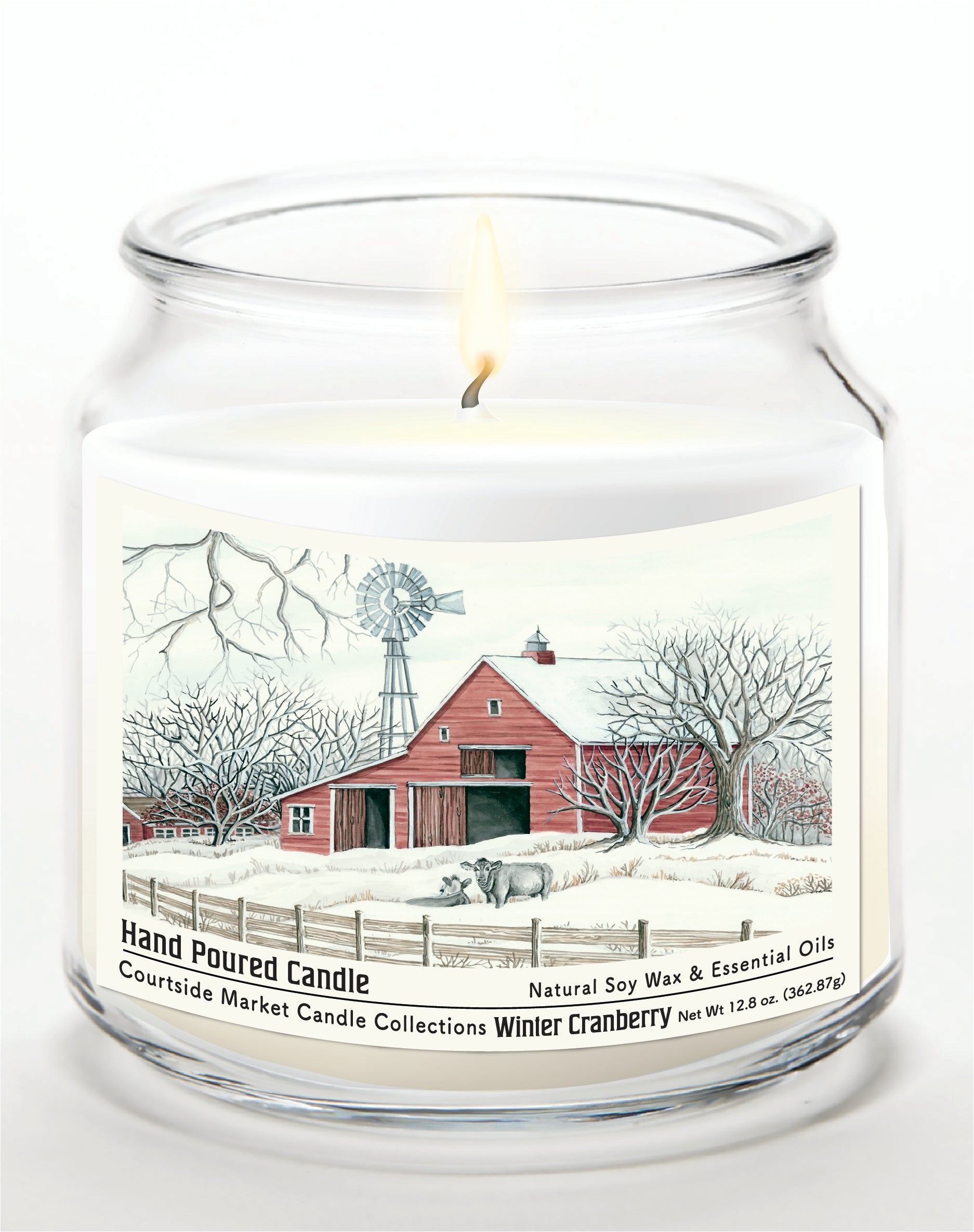 Winter Barn with Mill 14 oz Candle Glass Jar with Brushed Silver Metal Lid