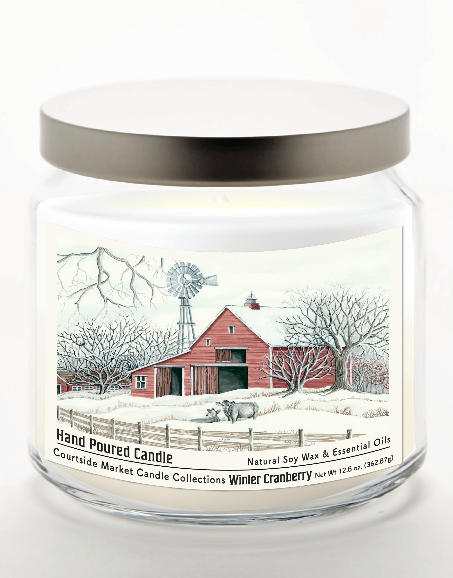 Winter Barn with Mill 14 oz Candle Glass Jar with Brushed Silver Metal Lid