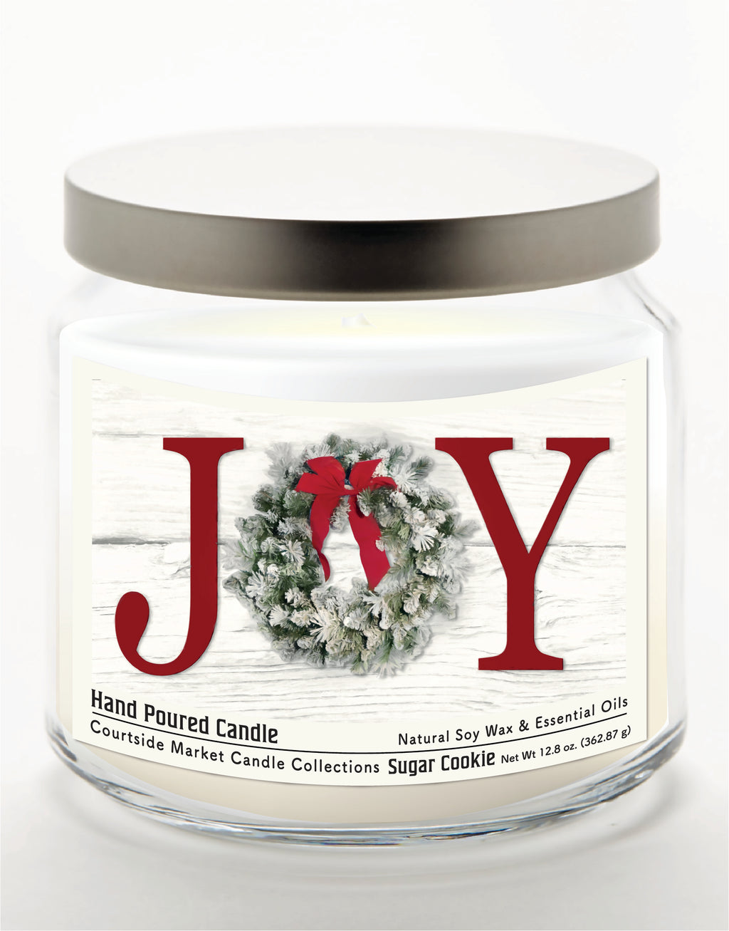 Christmas Joy - Sugar Cookie 14 oz Candle Glass Jar with Brushed Silver Metal Lid