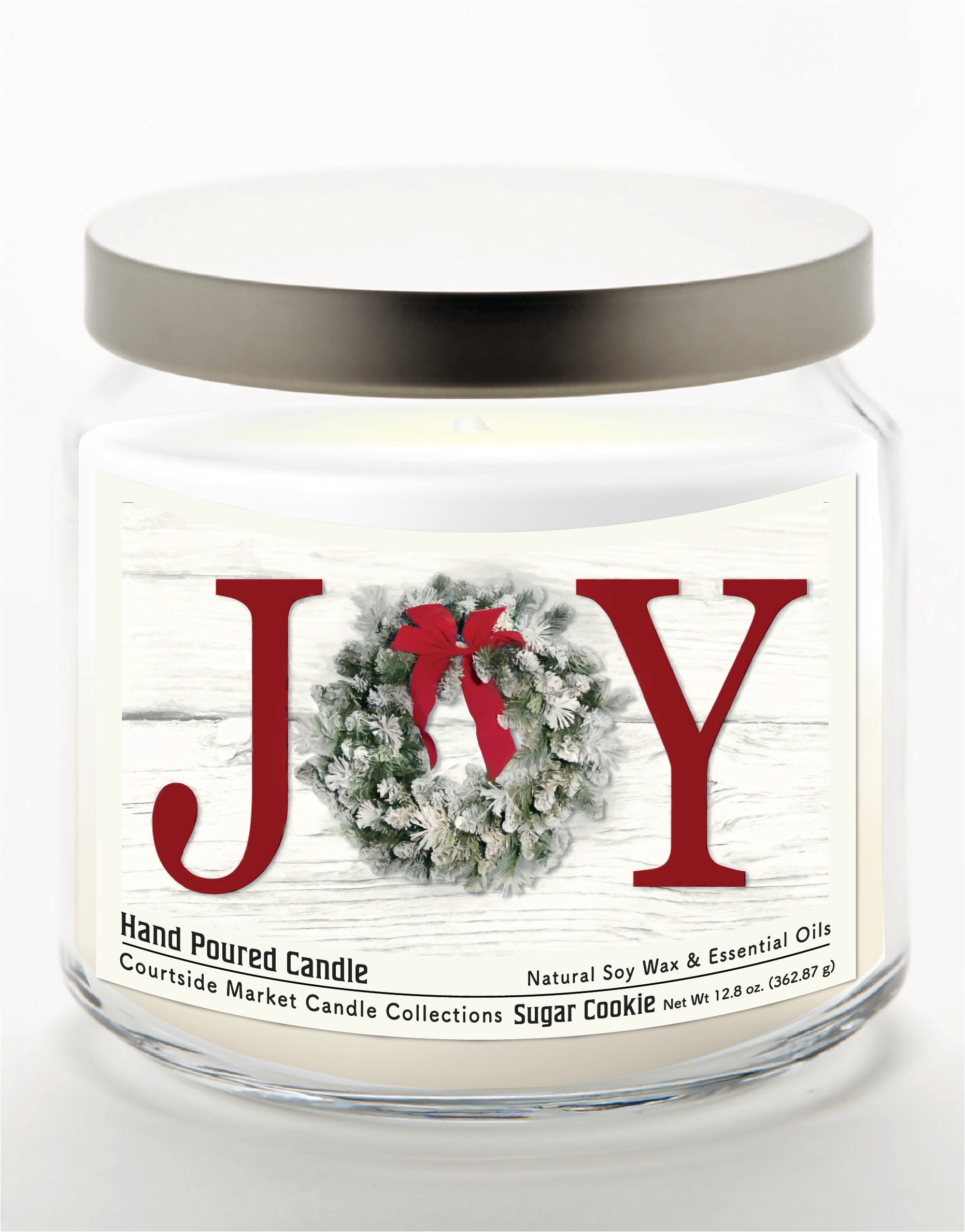 Christmas Joy 14 oz Candle Glass Jar with Brushed Silver Metal Lid