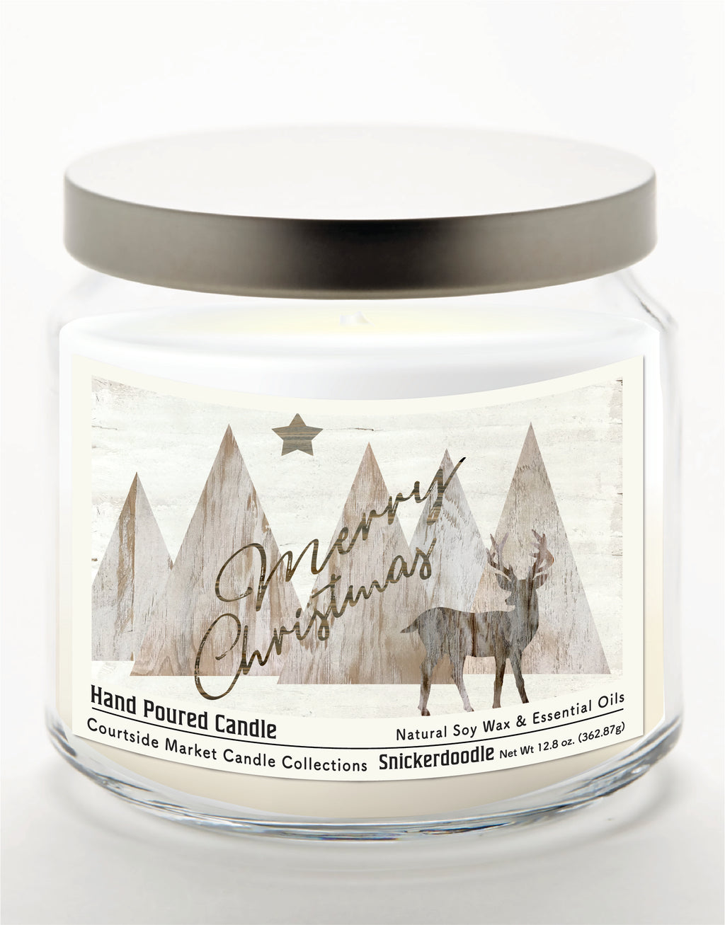 Merry Christmas Deer 14 oz Candle Glass Jar with Brushed Silver Metal Lid