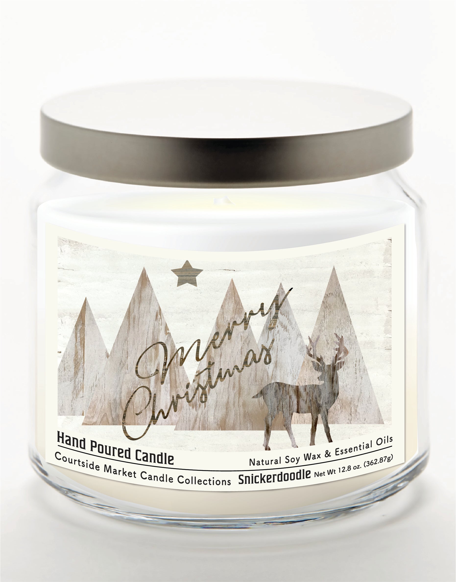 Merry Christmas Deer 14 oz Candle Glass Jar with Brushed Silver Metal Lid