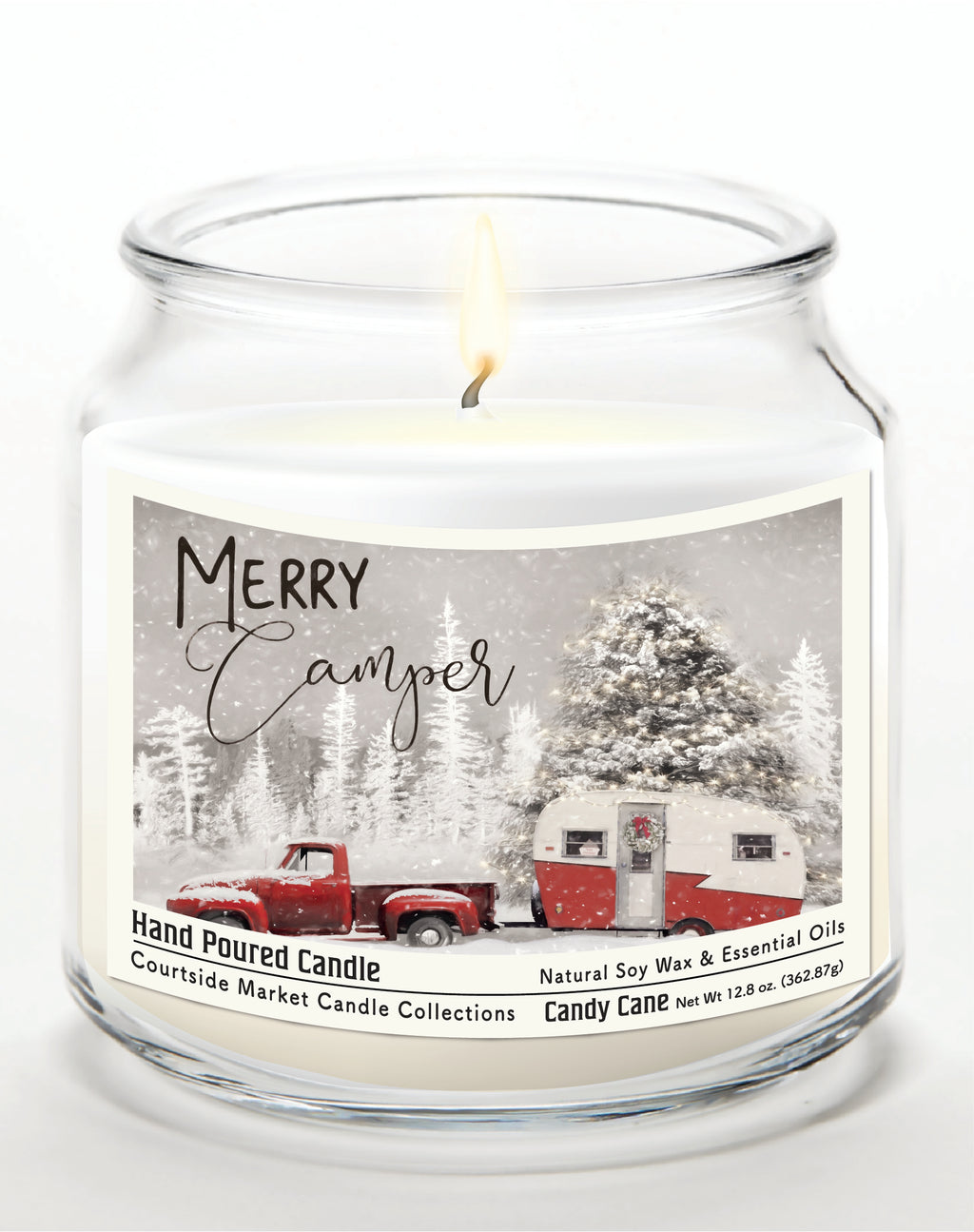 Merry Camper 14 oz Candle Glass Jar with Brushed Silver Metal Lid