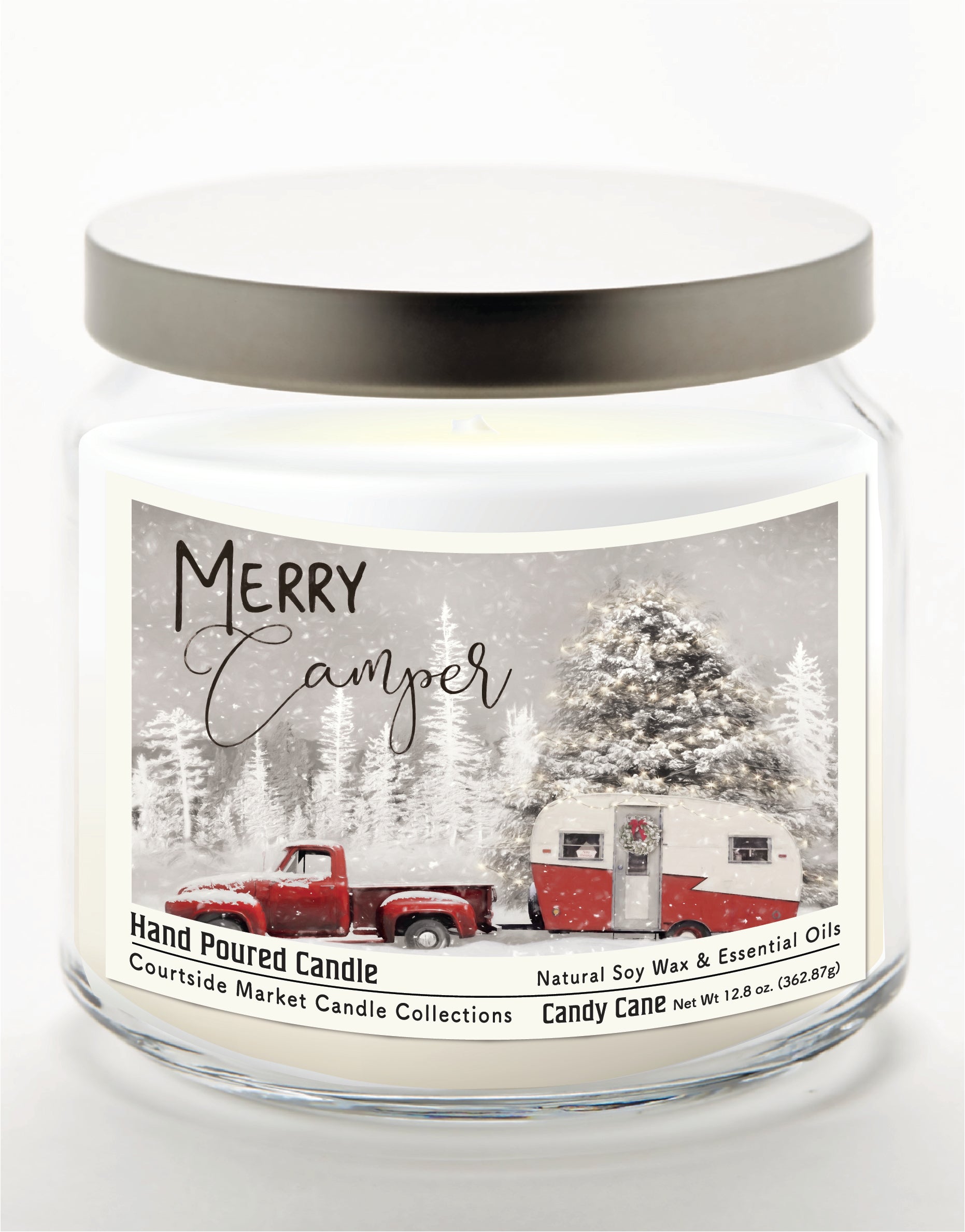 Merry Camper 14 oz Candle Glass Jar with Brushed Silver Metal Lid