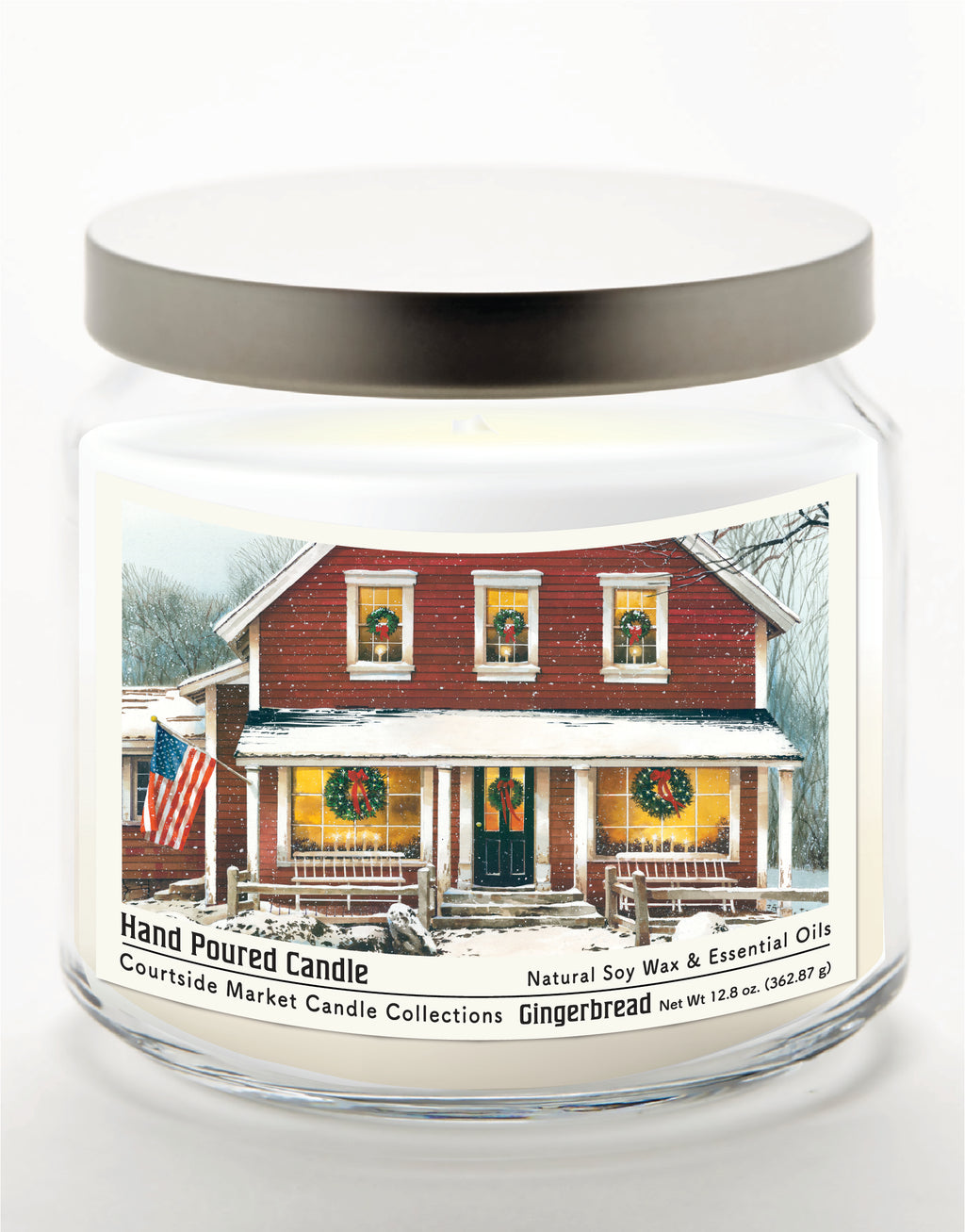 Christmas Farmhouse - Gingerbread 14 oz Candle Glass Jar with Brushed Silver Metal Lid
