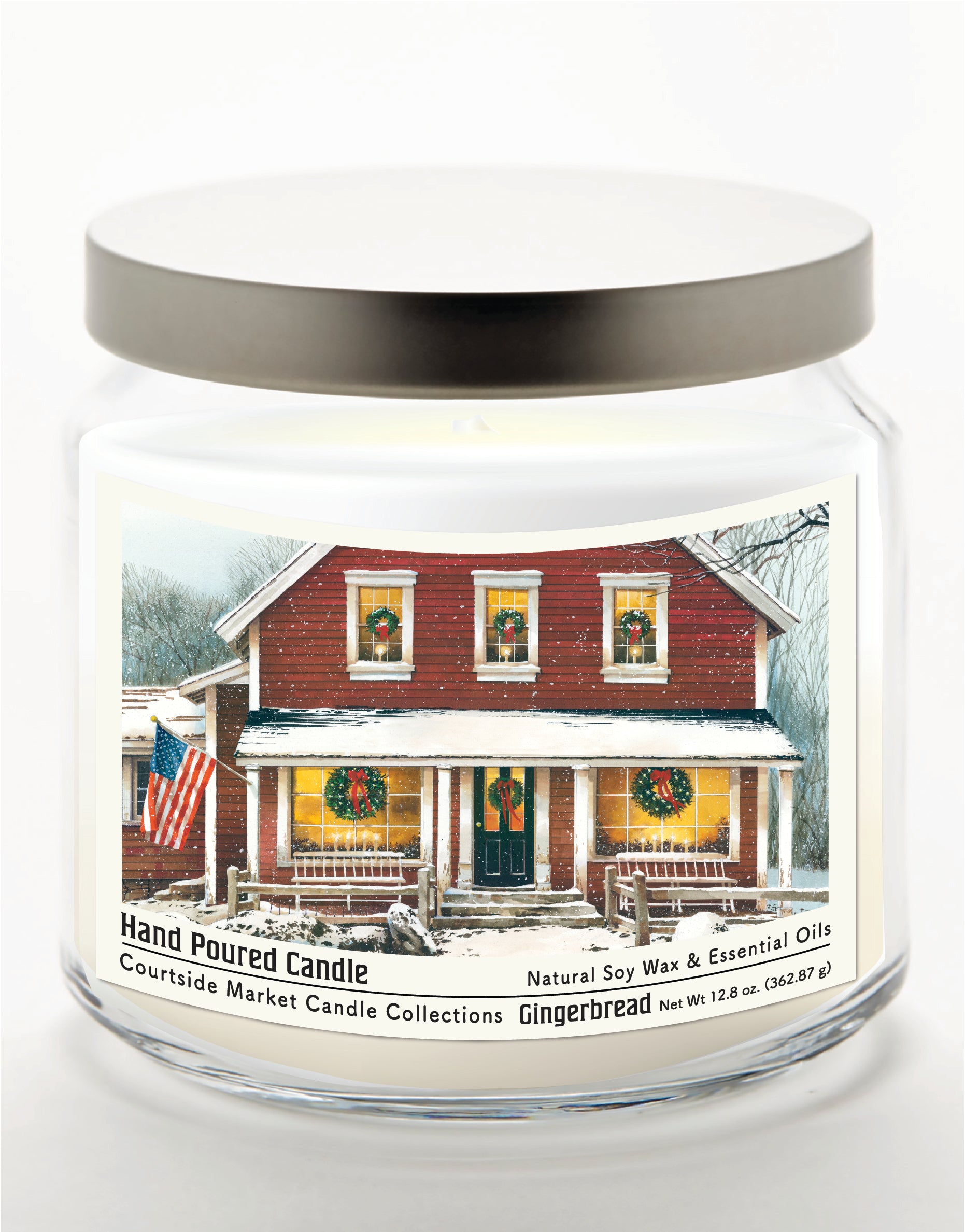 Christmas Farmhouse 14 oz Candle Glass Jar with Brushed Silver Metal Lid