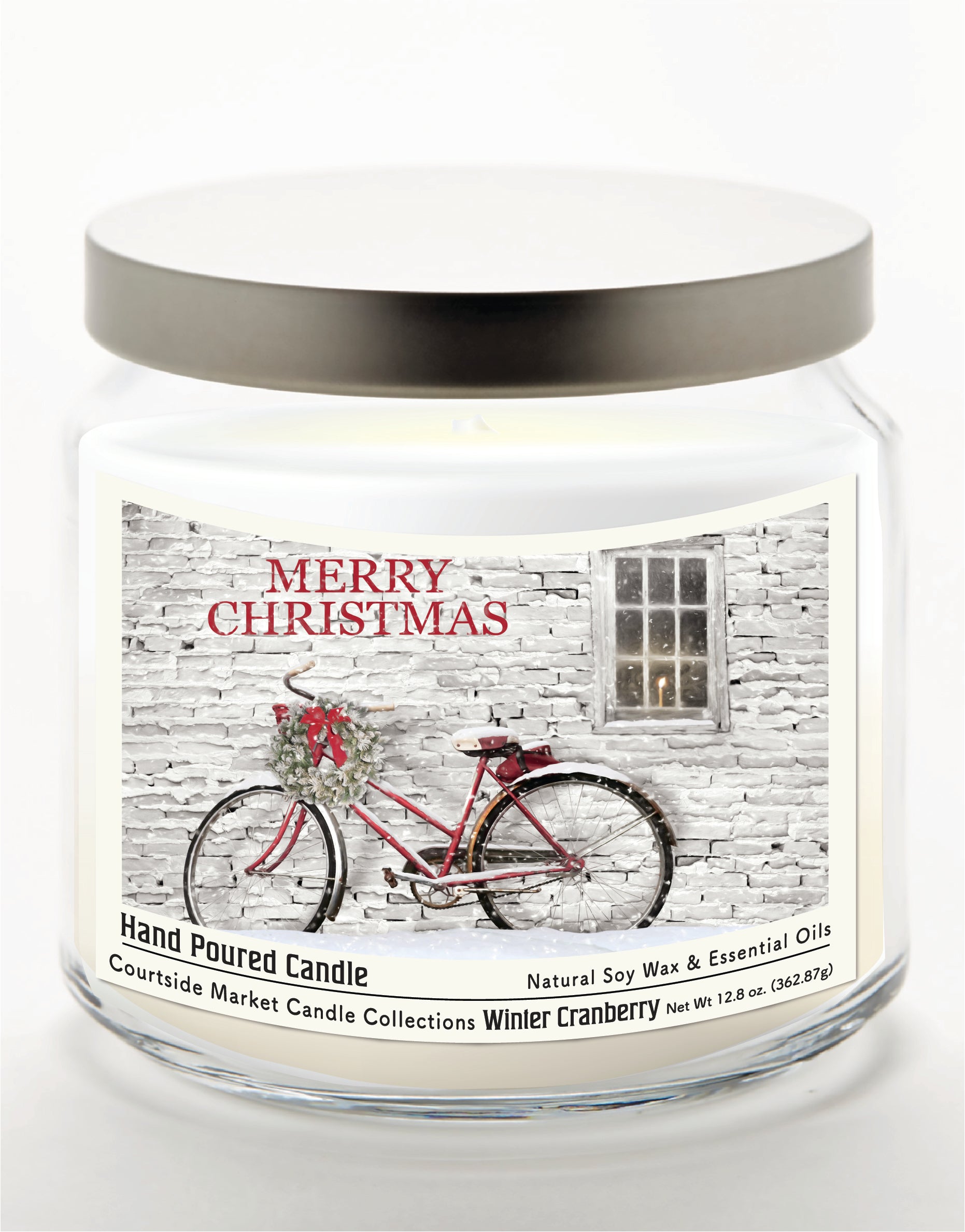 Merry Christmas III 14 oz Candle Glass Jar with Brushed Silver Metal Lid