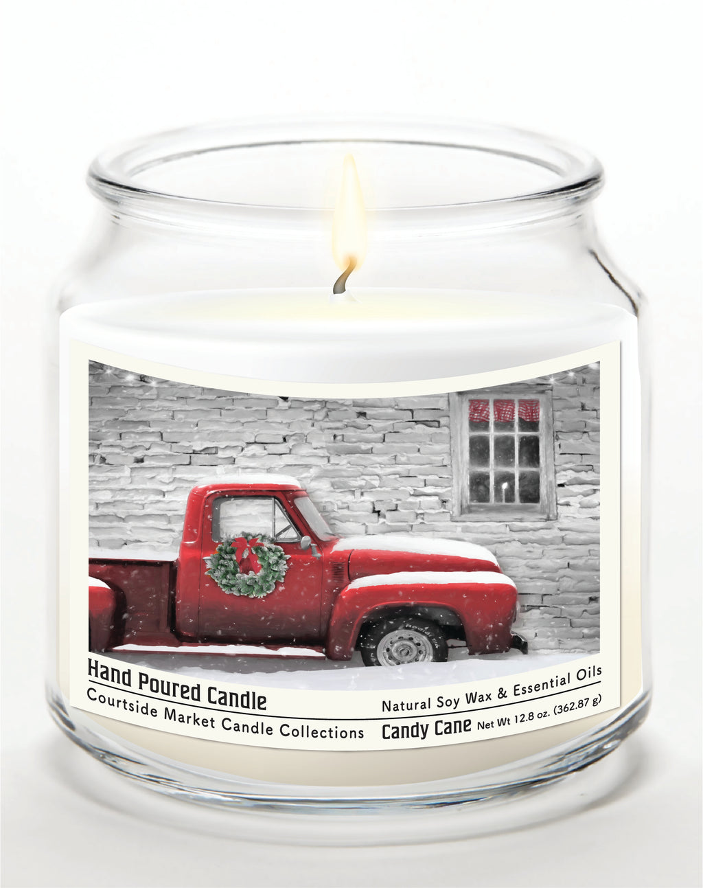 Red Truck with Wreath 14 oz Candle Glass Jar with Brushed Silver Metal Lid