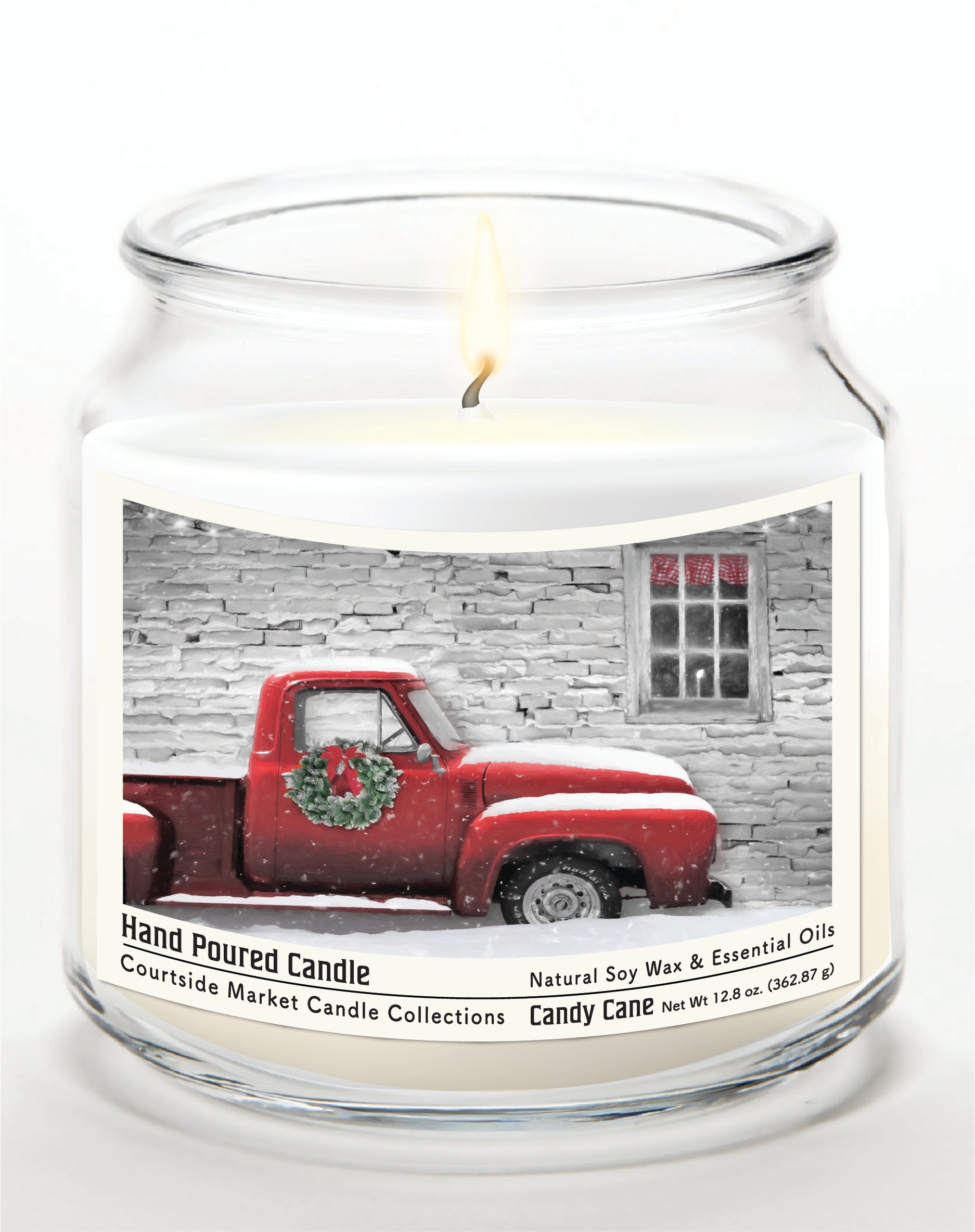 Red Truck with Wreath 14 oz Candle Glass Jar with Brushed Silver Metal Lid