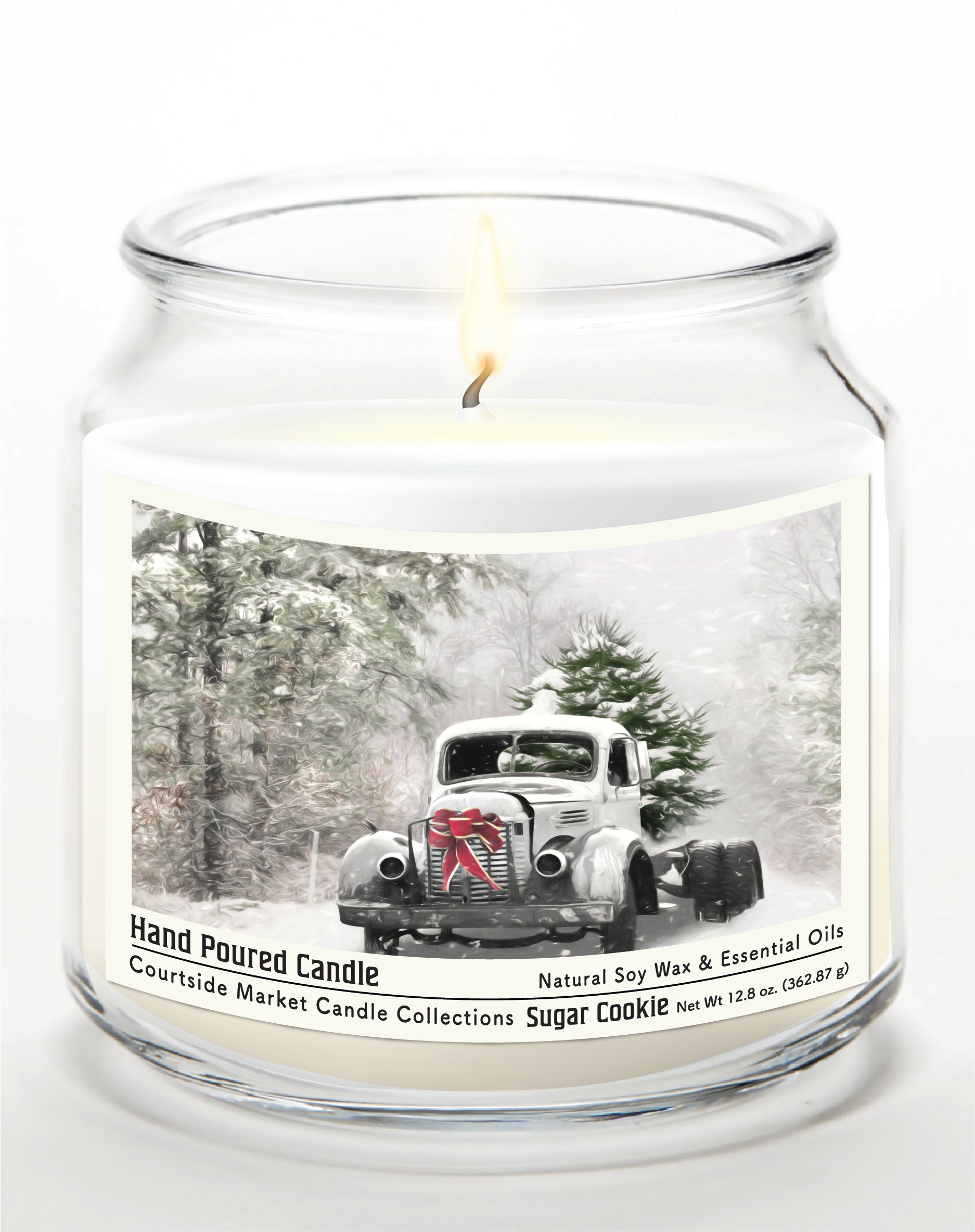 Snowy Christmas Truck 14 oz Candle Glass Jar with Brushed Silver Metal Lid