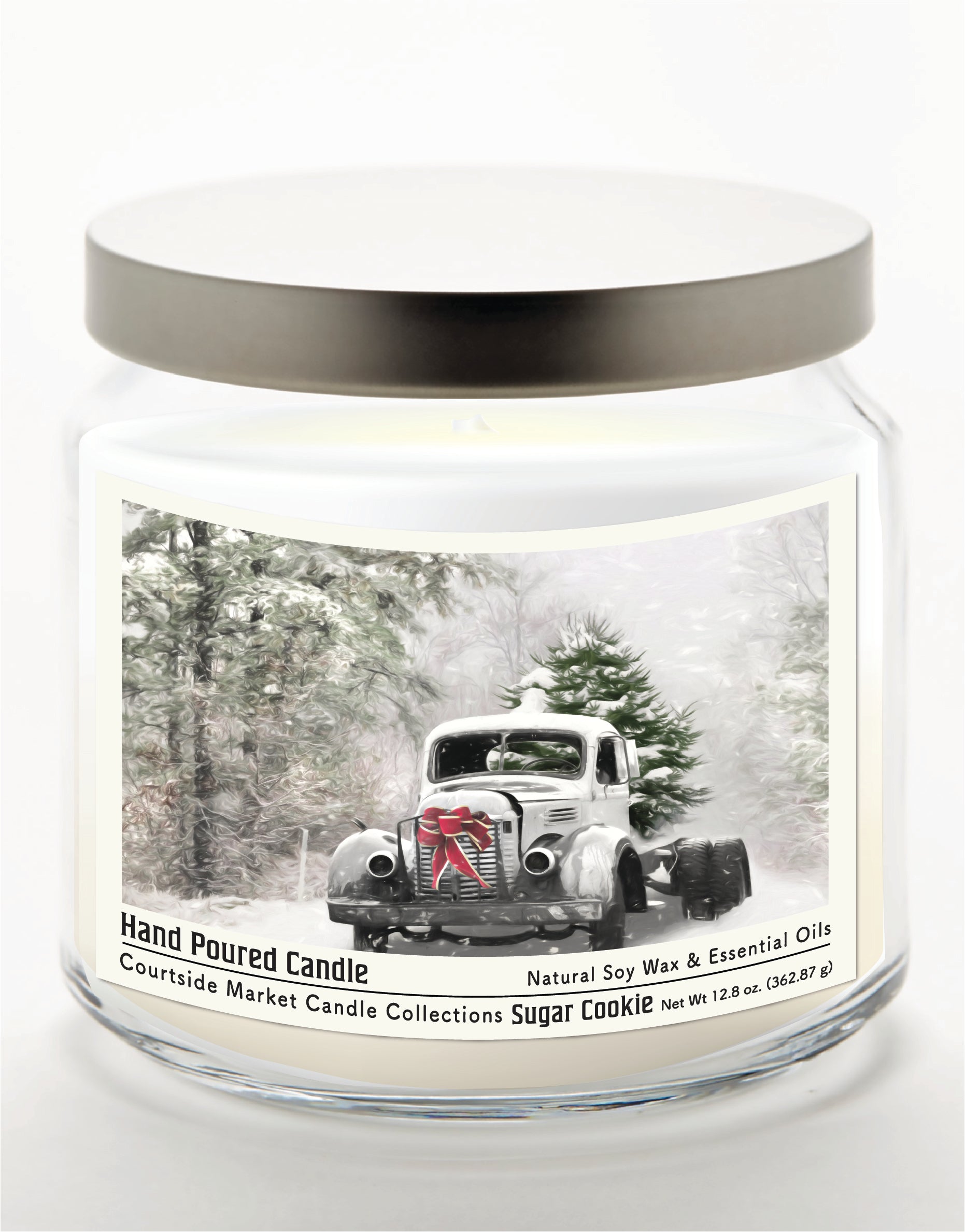 Snowy Christmas Truck 14 oz Candle Glass Jar with Brushed Silver Metal Lid