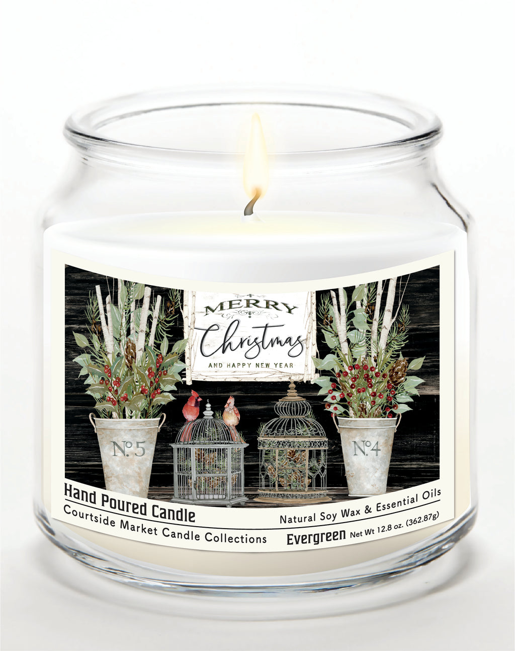 Merry Christmas Cardinals 14 oz Candle Glass Jar with Brushed Silver Metal Lid