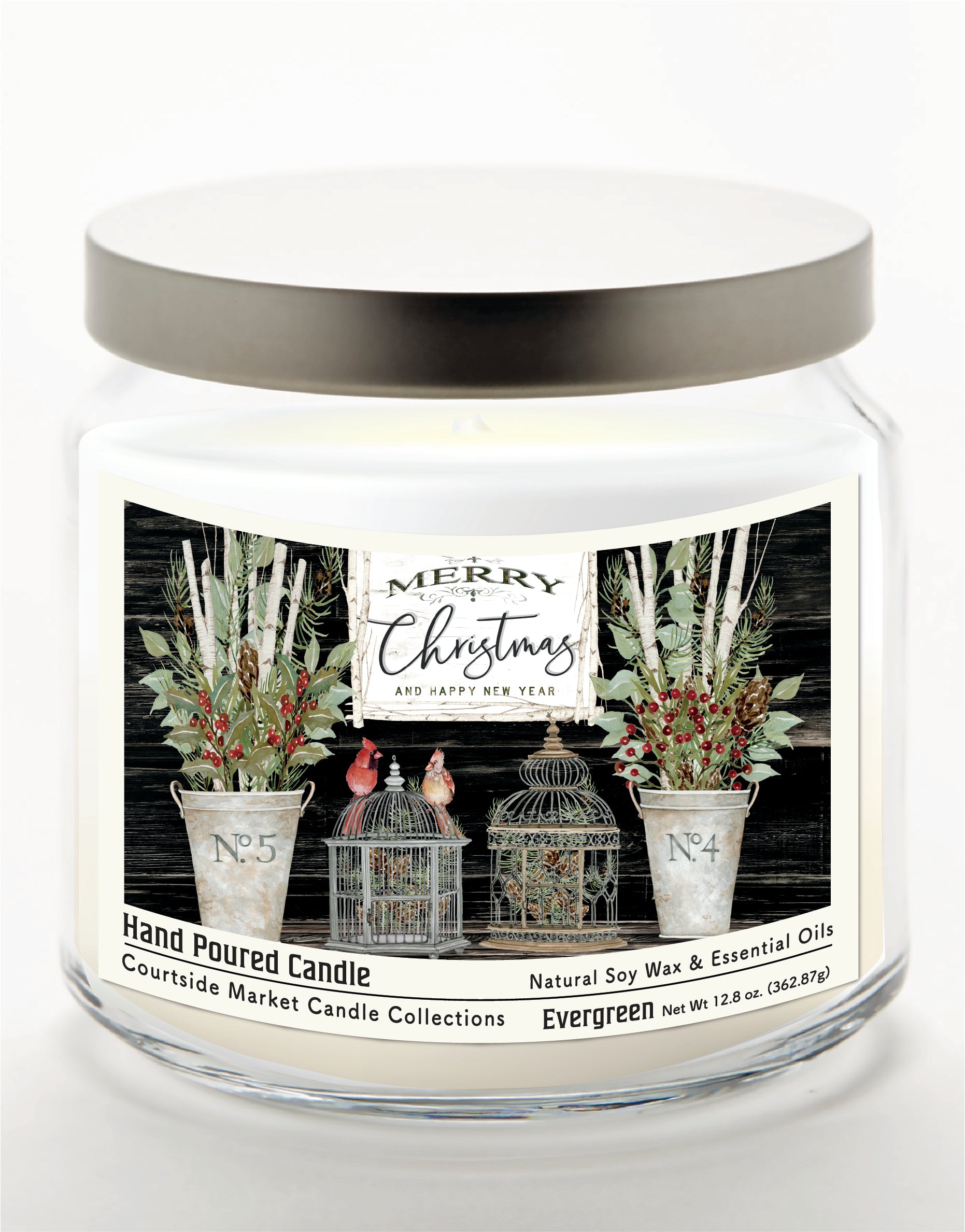 Merry Christmas Cardinals 14 oz Candle Glass Jar with Brushed Silver Metal Lid