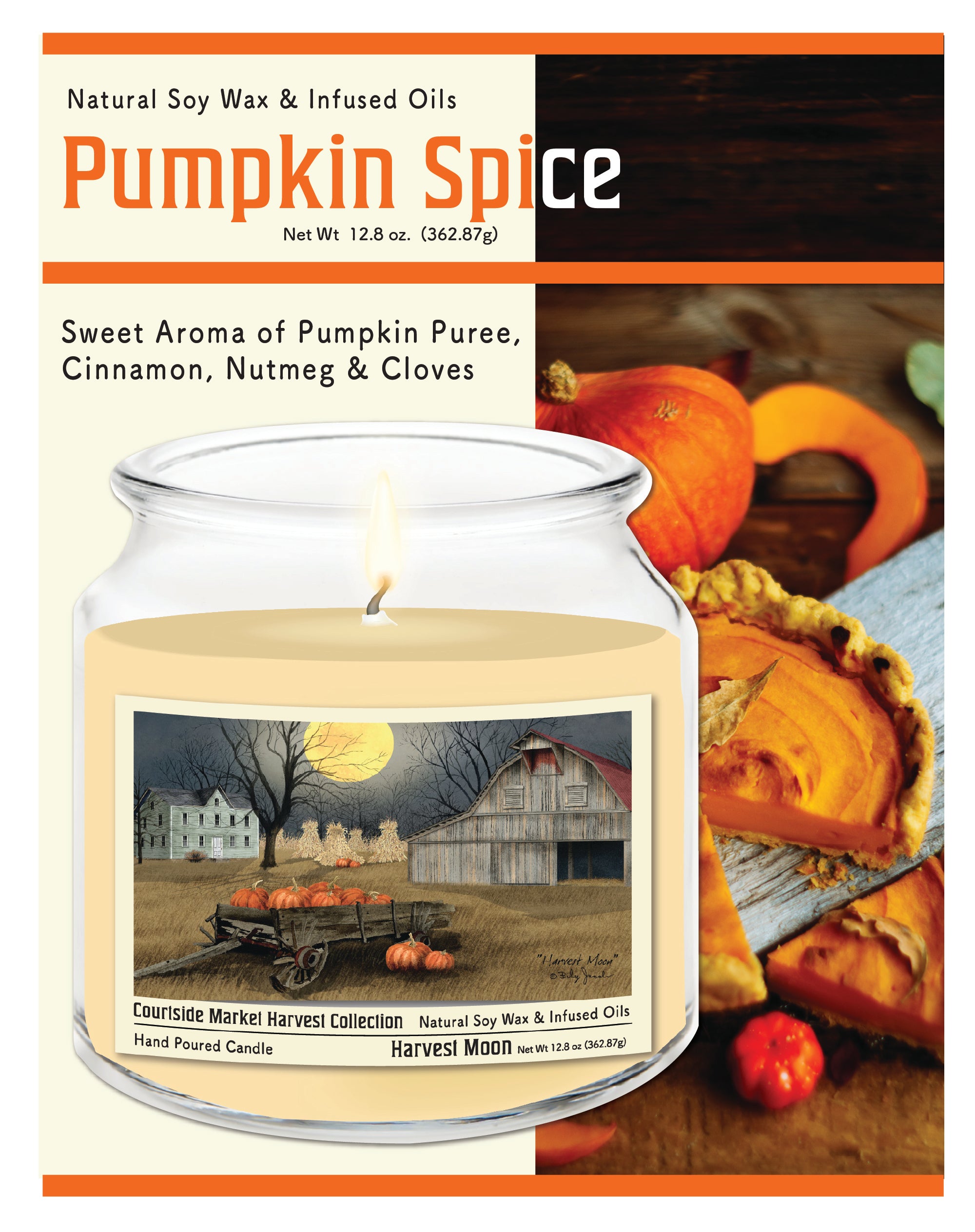 Harvest Moon - Pumpkin Spice 14 oz Candle Glass Jar with Brushed Silver Metal Lid