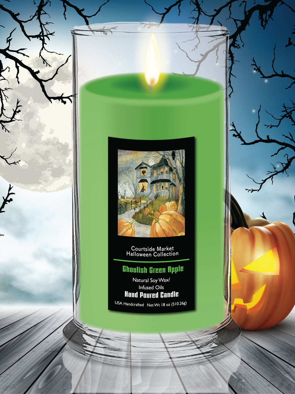 Haunted Patch - Ghoulish Green Apple 18 oz Status Candle Glass