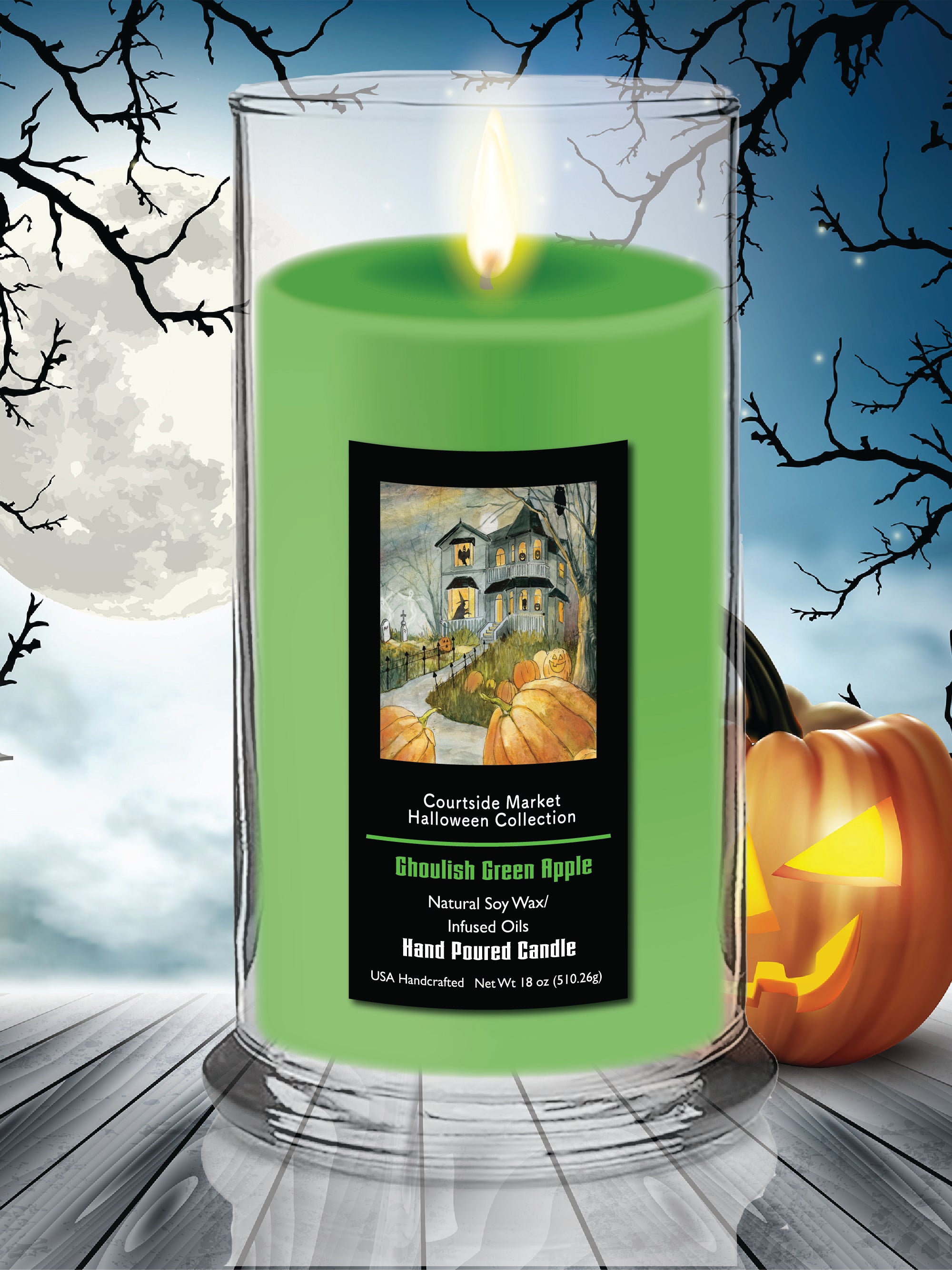 Haunted Patch - Ghoulish Green Apple 18 oz Status Candle Glass