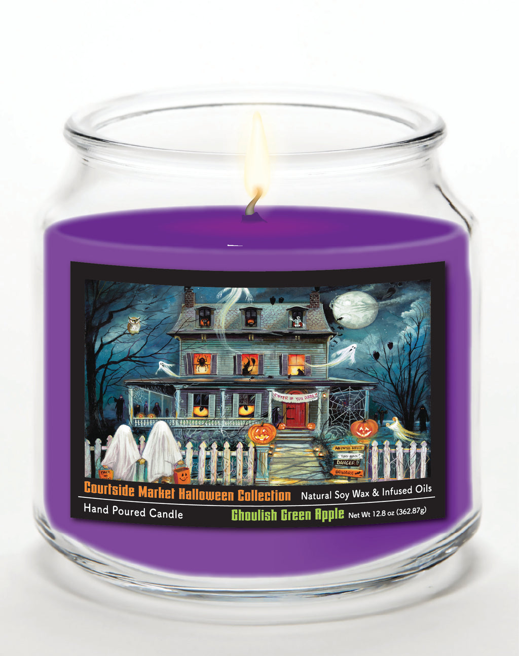 Haunted House I 14 oz Candle Glass Jar with Brushed Silver Metal Lid