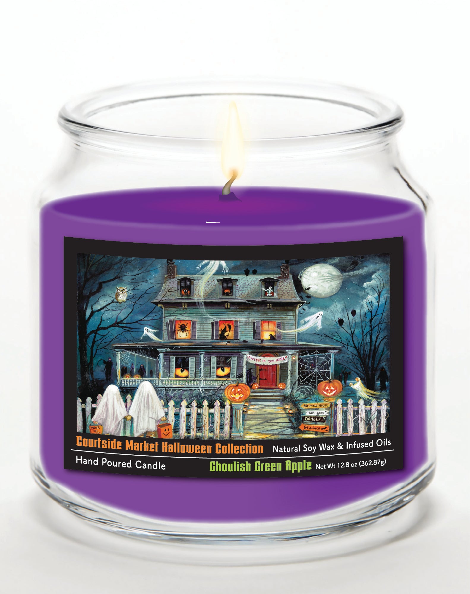 Haunted House I 14 oz Candle Glass Jar with Brushed Silver Metal Lid