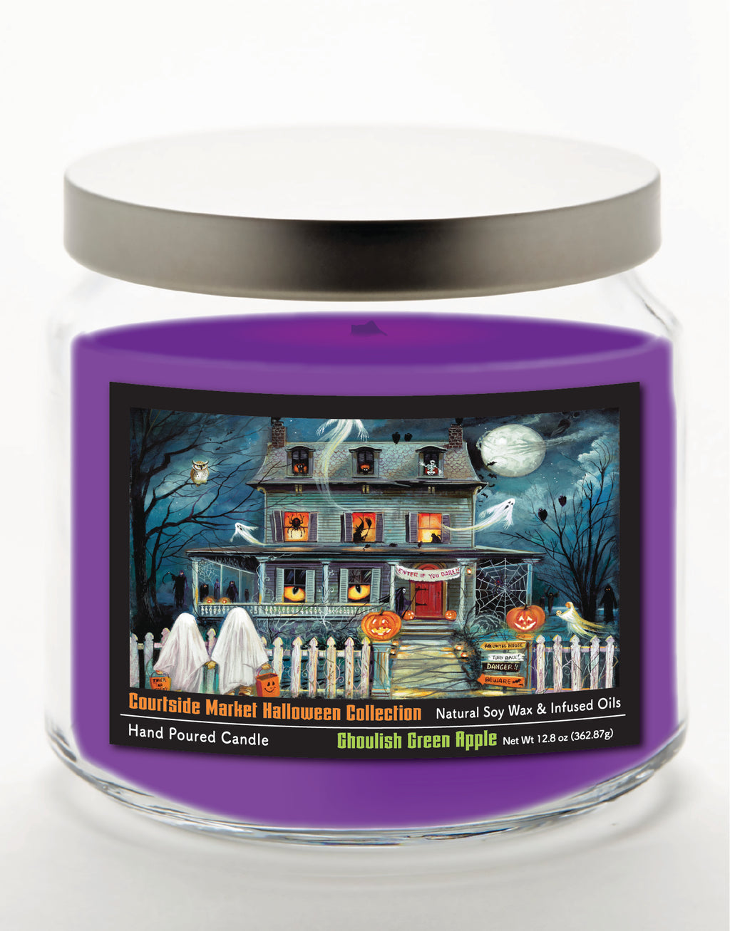 Haunted House I 14 oz Candle Glass Jar with Brushed Silver Metal Lid