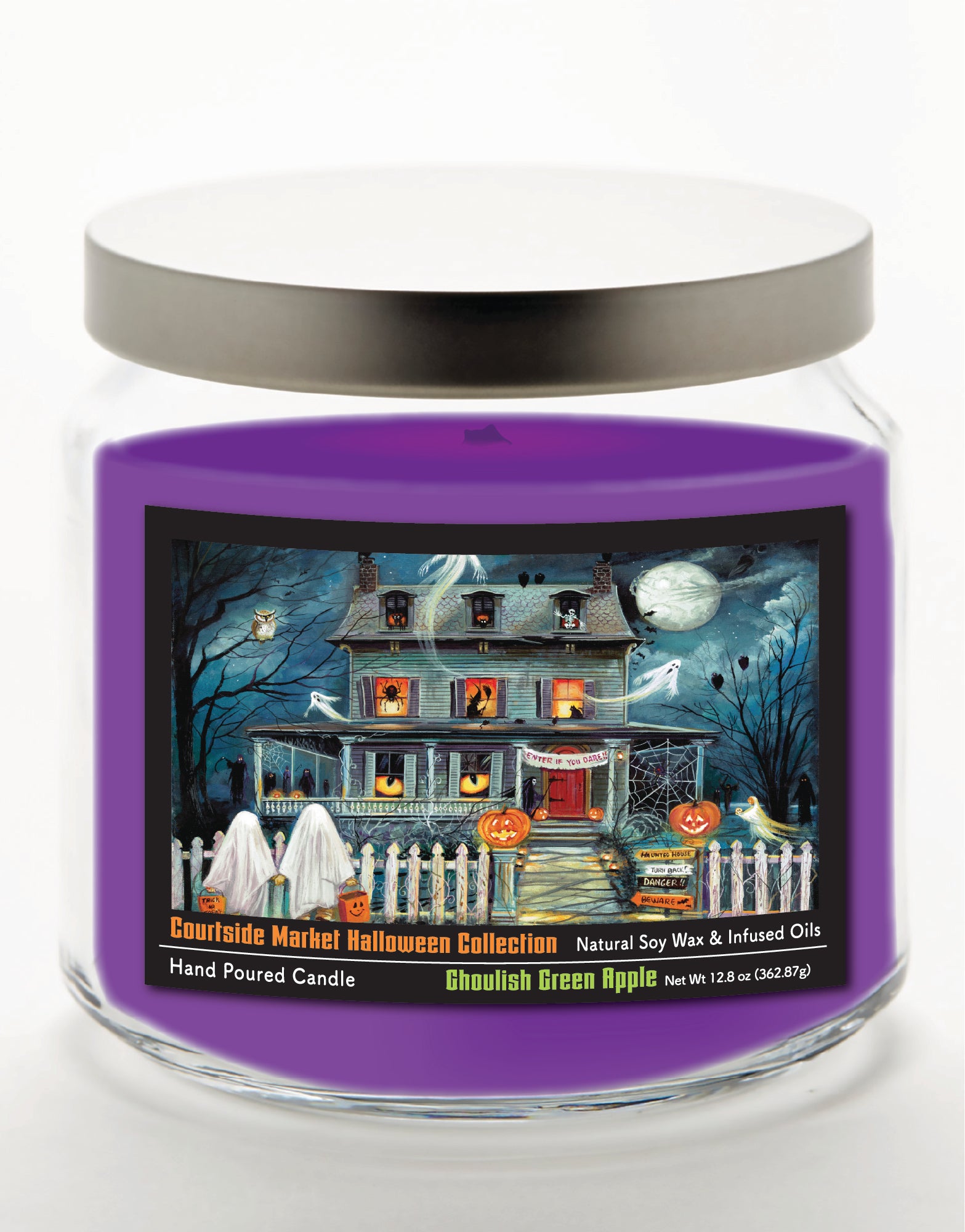 Haunted House I 14 oz Candle Glass Jar with Brushed Silver Metal Lid