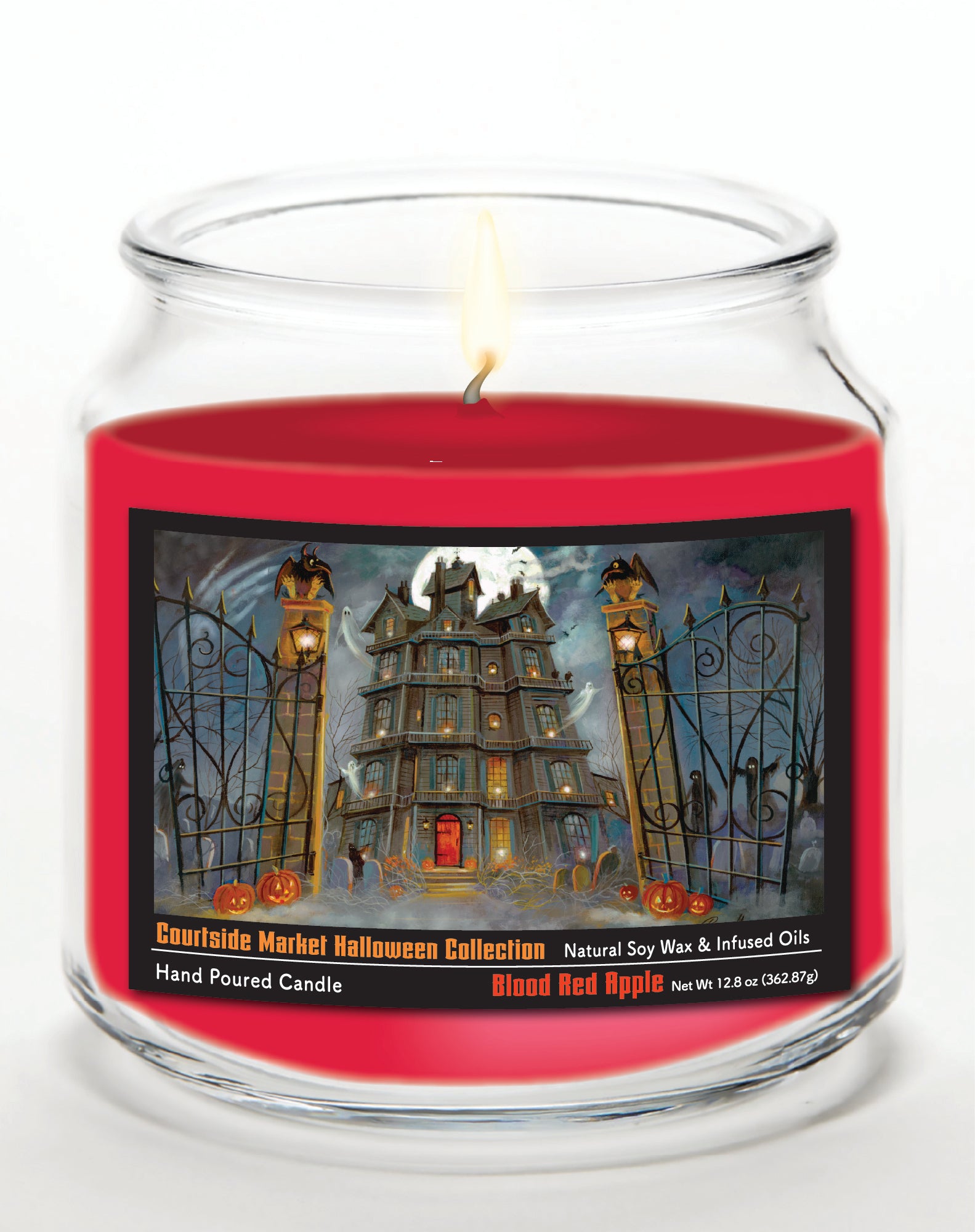Haunted House II - Blood Red Apple 14 oz Candle Glass Jar with Brushed Silver Metal Lid