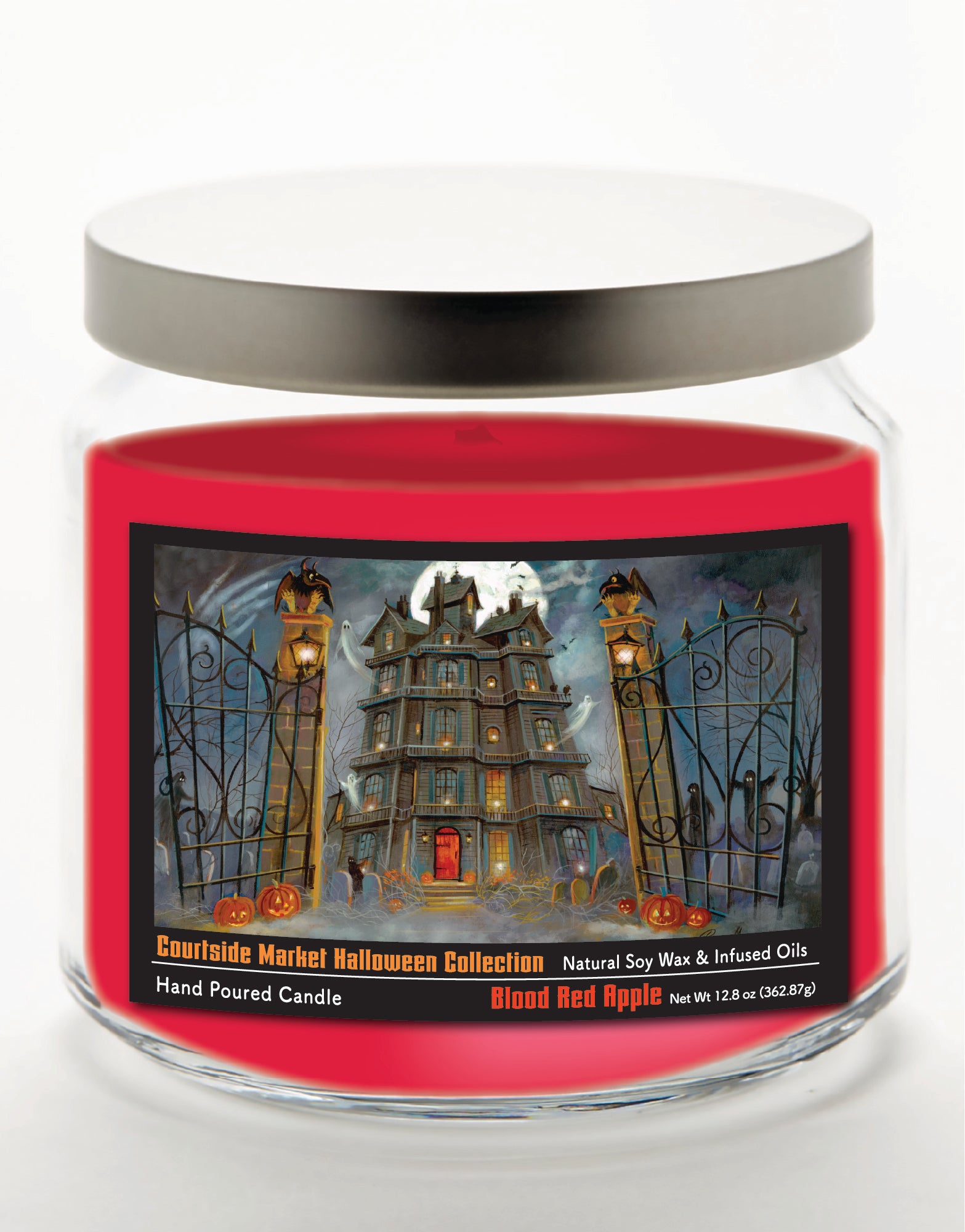 Haunted House II - Blood Red Apple 14 oz Candle Glass Jar with Brushed Silver Metal Lid