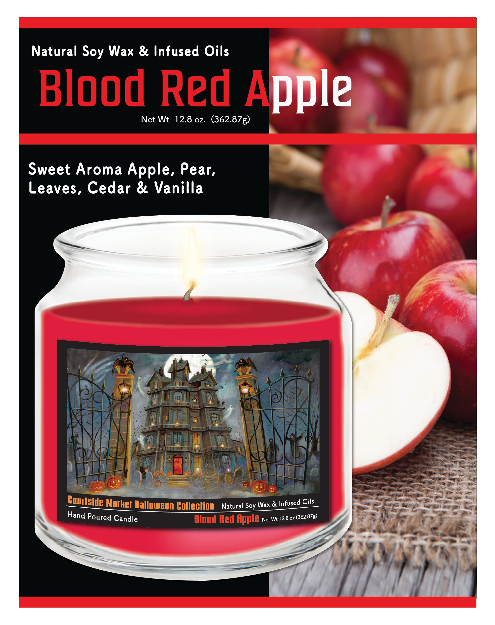 Haunted House II - Blood Red Apple 14 oz Candle Glass Jar with Brushed Silver Metal Lid