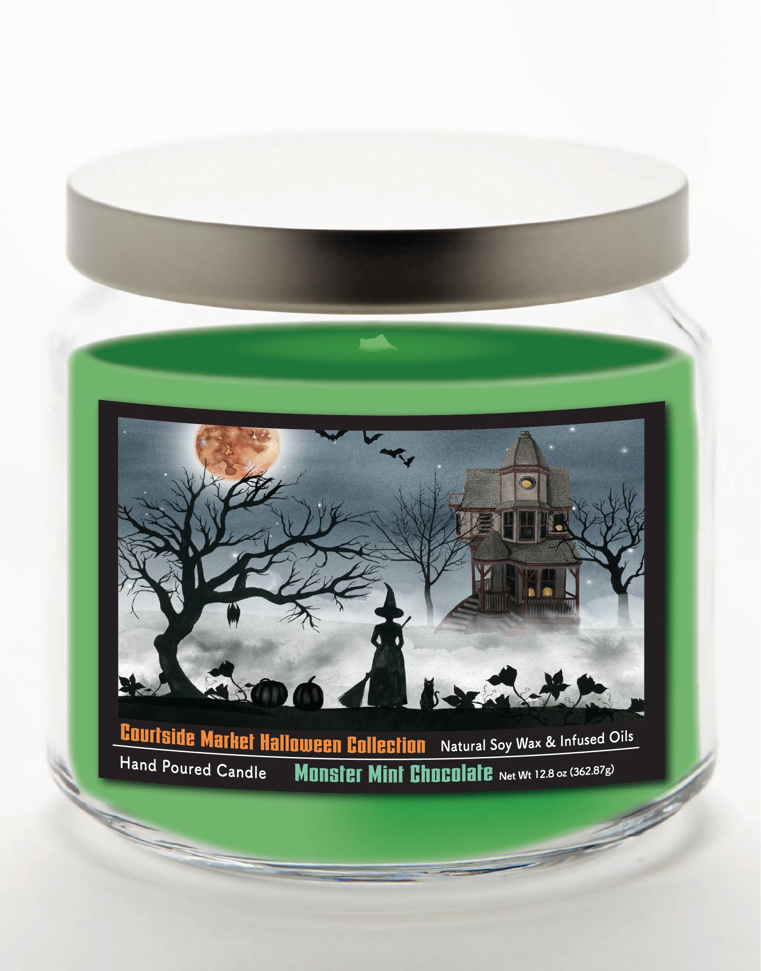 Harvest Moon Collection I - Monster Mint Chocolate 14 oz Candle Glass Jar with Brushed Silver Metal Lid