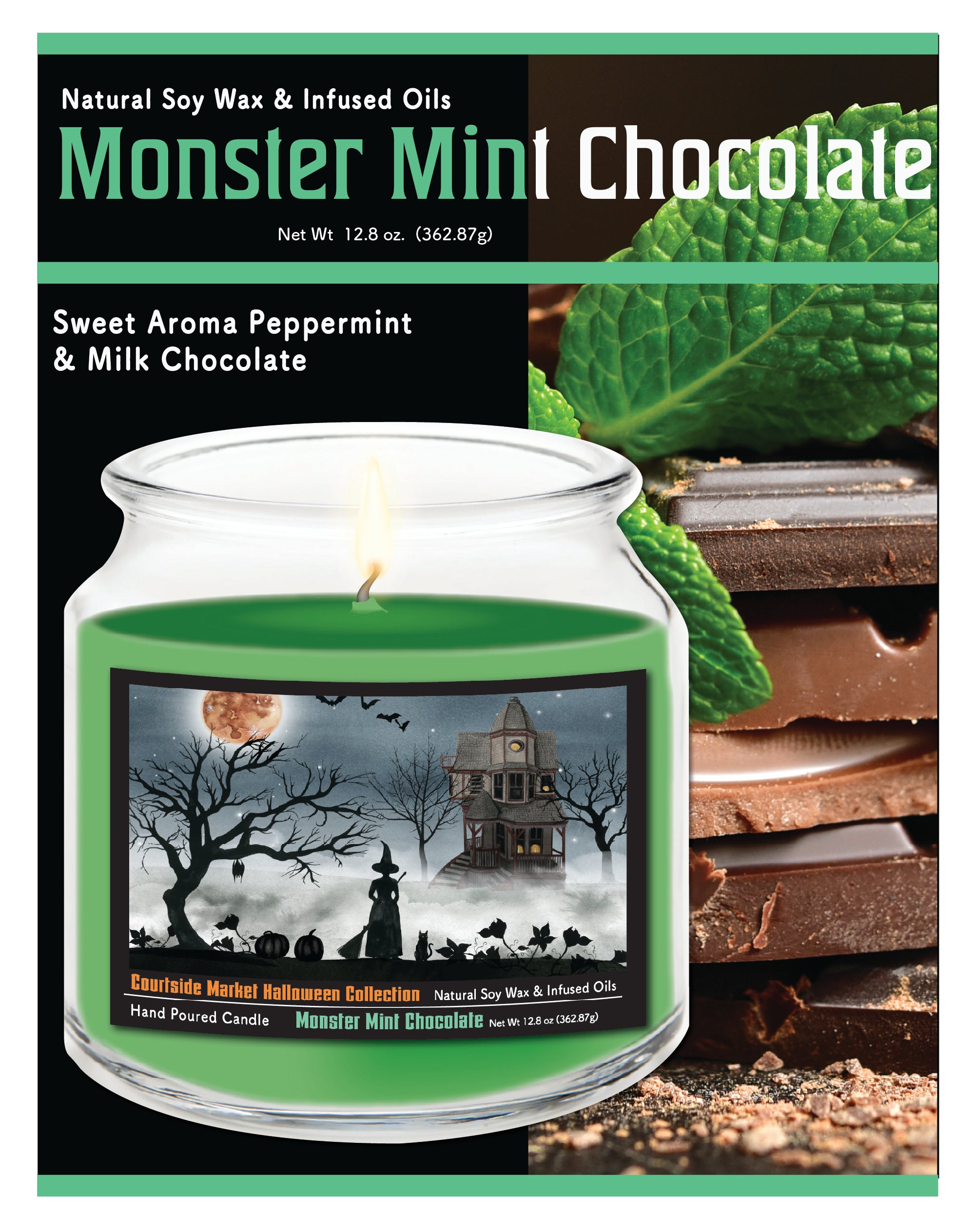 Harvest Moon Collection I - Monster Mint Chocolate 14 oz Candle Glass Jar with Brushed Silver Metal Lid