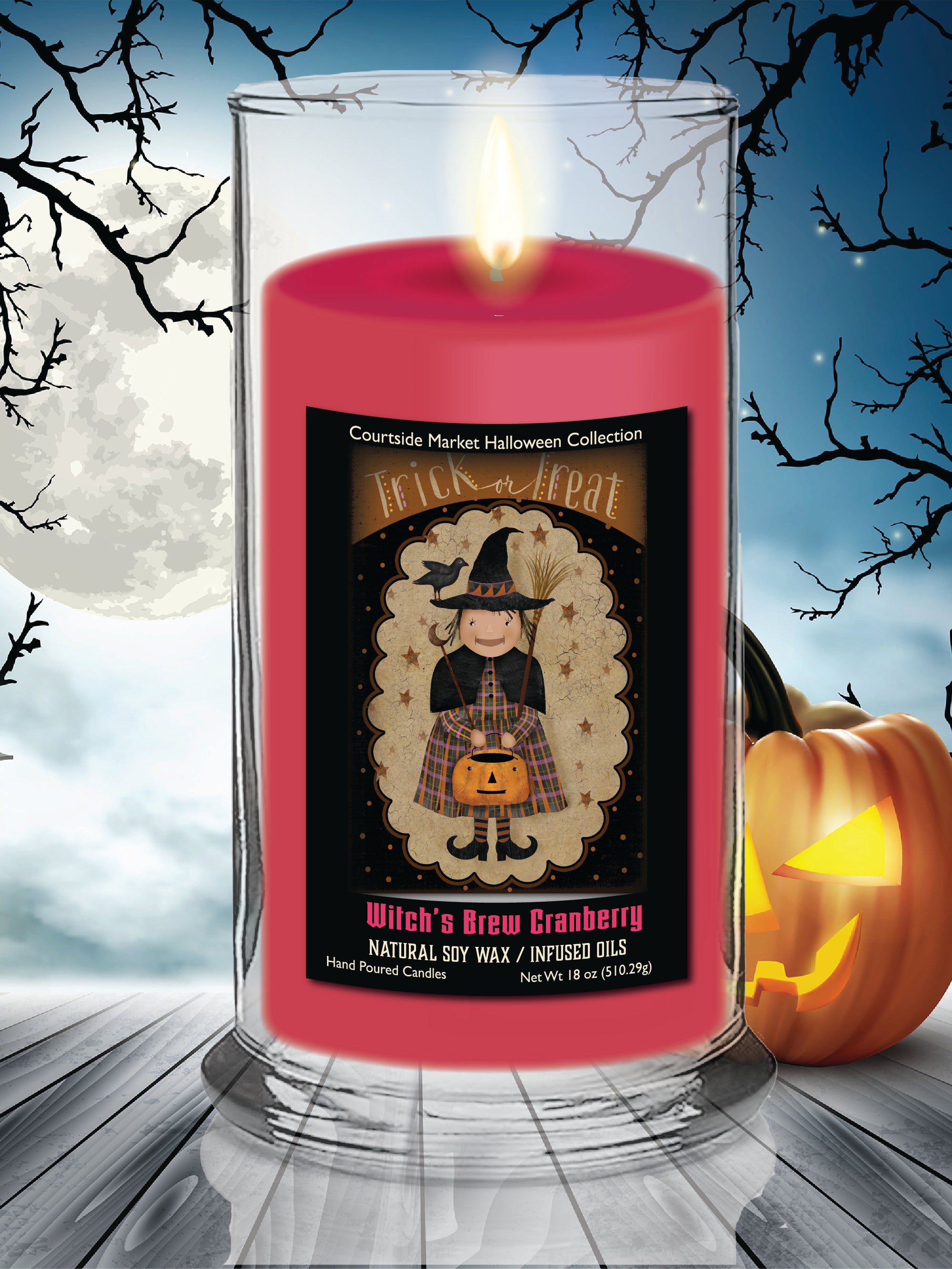 Trick Or Treat Witch Flag 18 oz Status Candle Glass