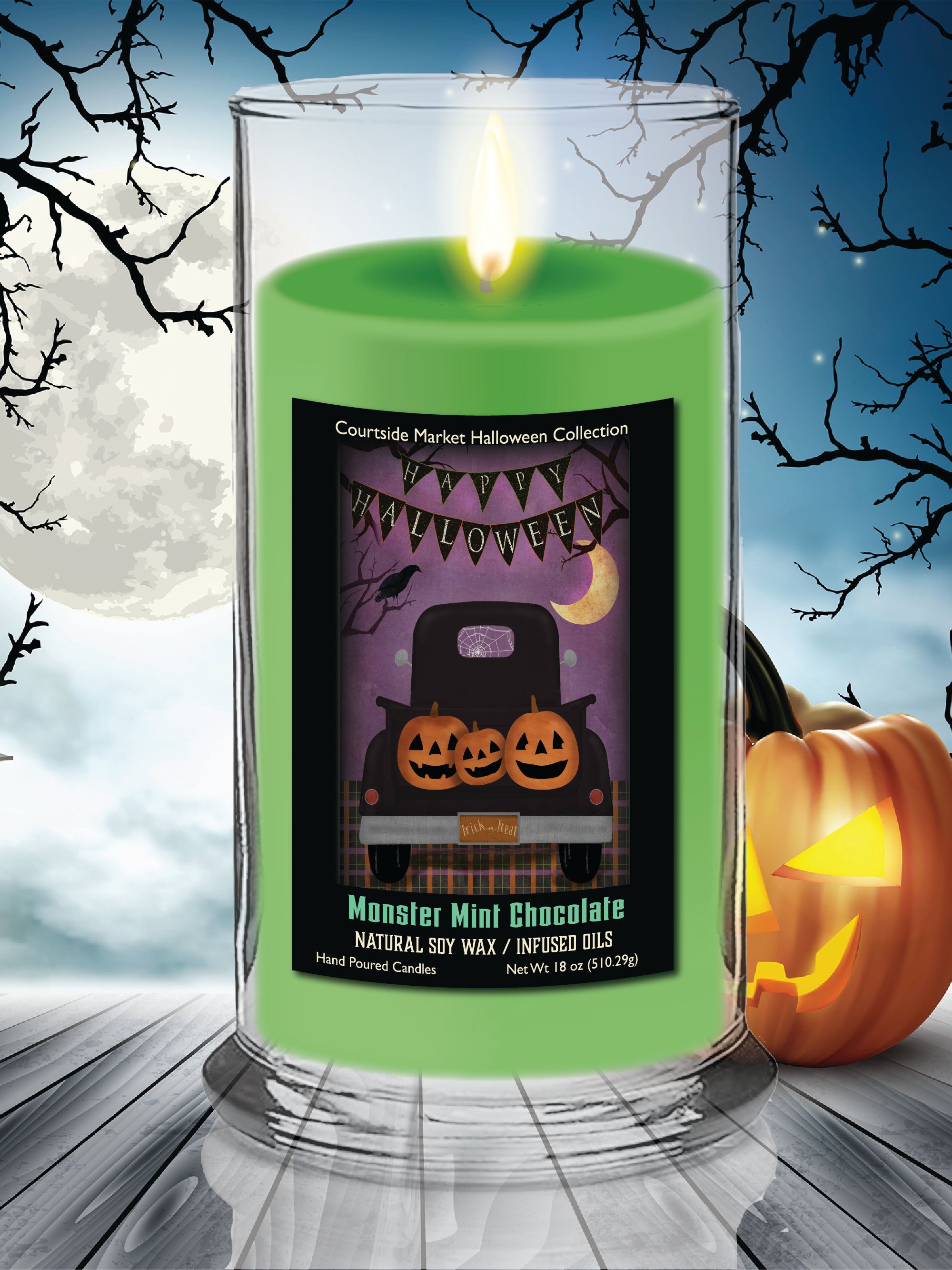 Happy Halloween Black Truck - Monster Mint Chocolate 18 oz Status Candle Glass