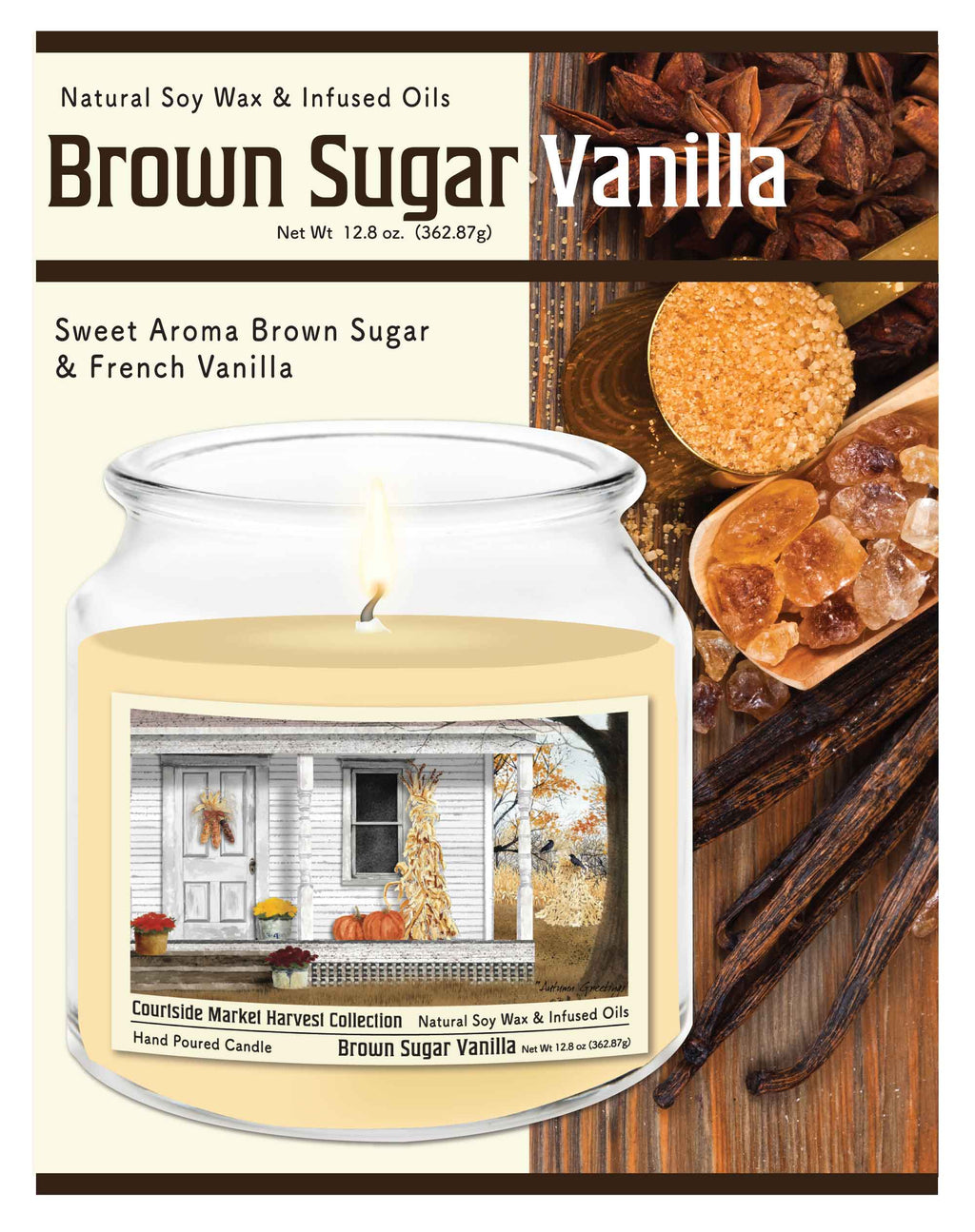 Autumn Porch - Brown Sugar Vanilla 14 oz Candle Glass Jar with Brushed Silver Metal Lid