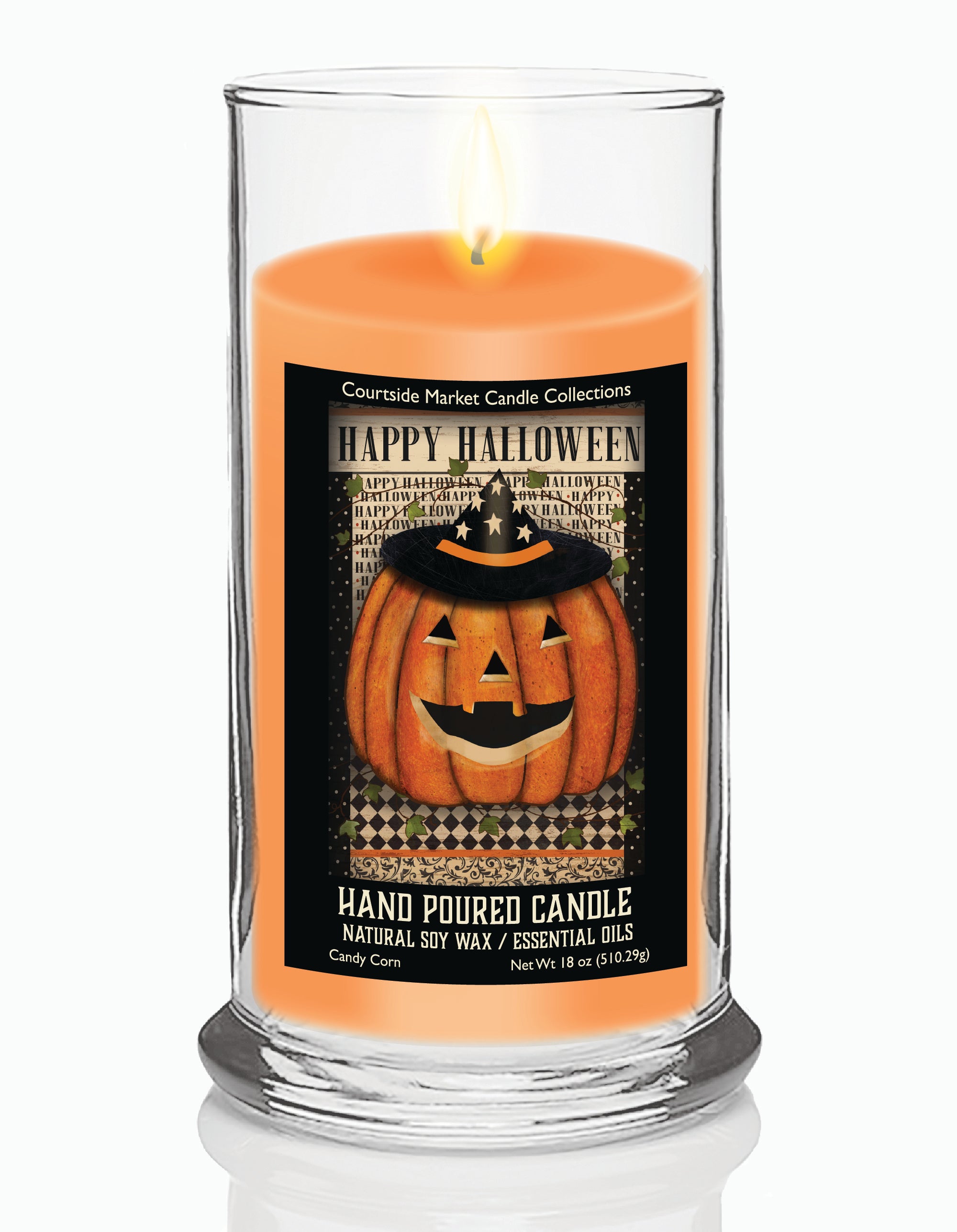 Jack O Lantern Witch Hat - Candy Corn 18 oz Status Candle Glass