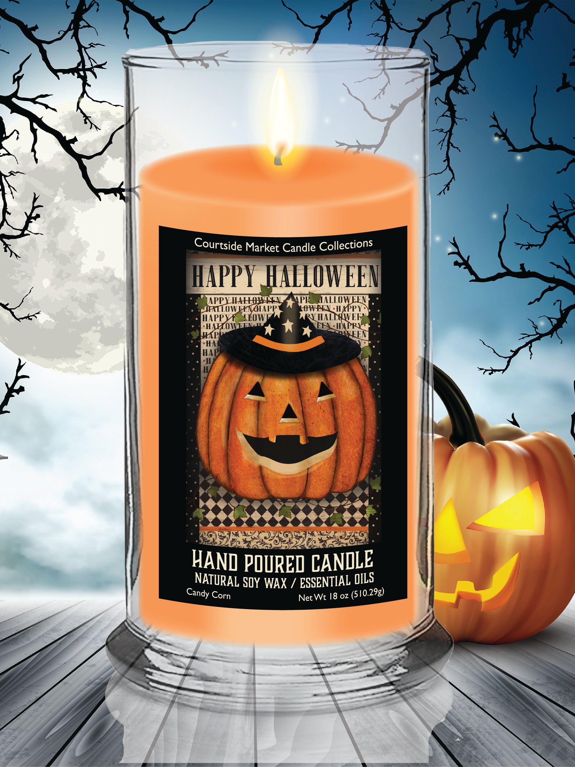 Jack O Lantern Witch Hat - Candy Corn 18 oz Status Candle Glass