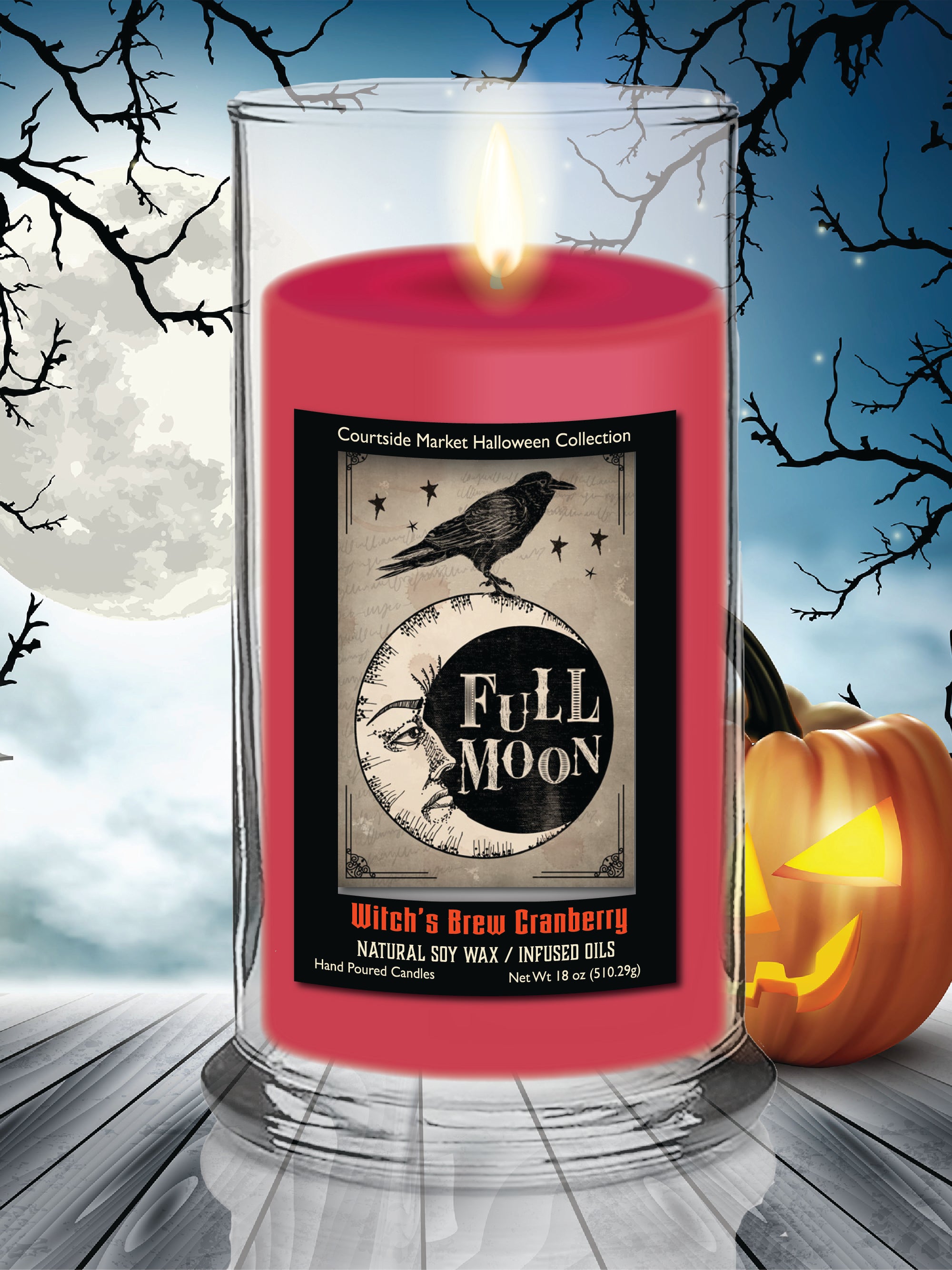 Full Moon - Witches Brew Cranberry 18 oz Status Candle Glass