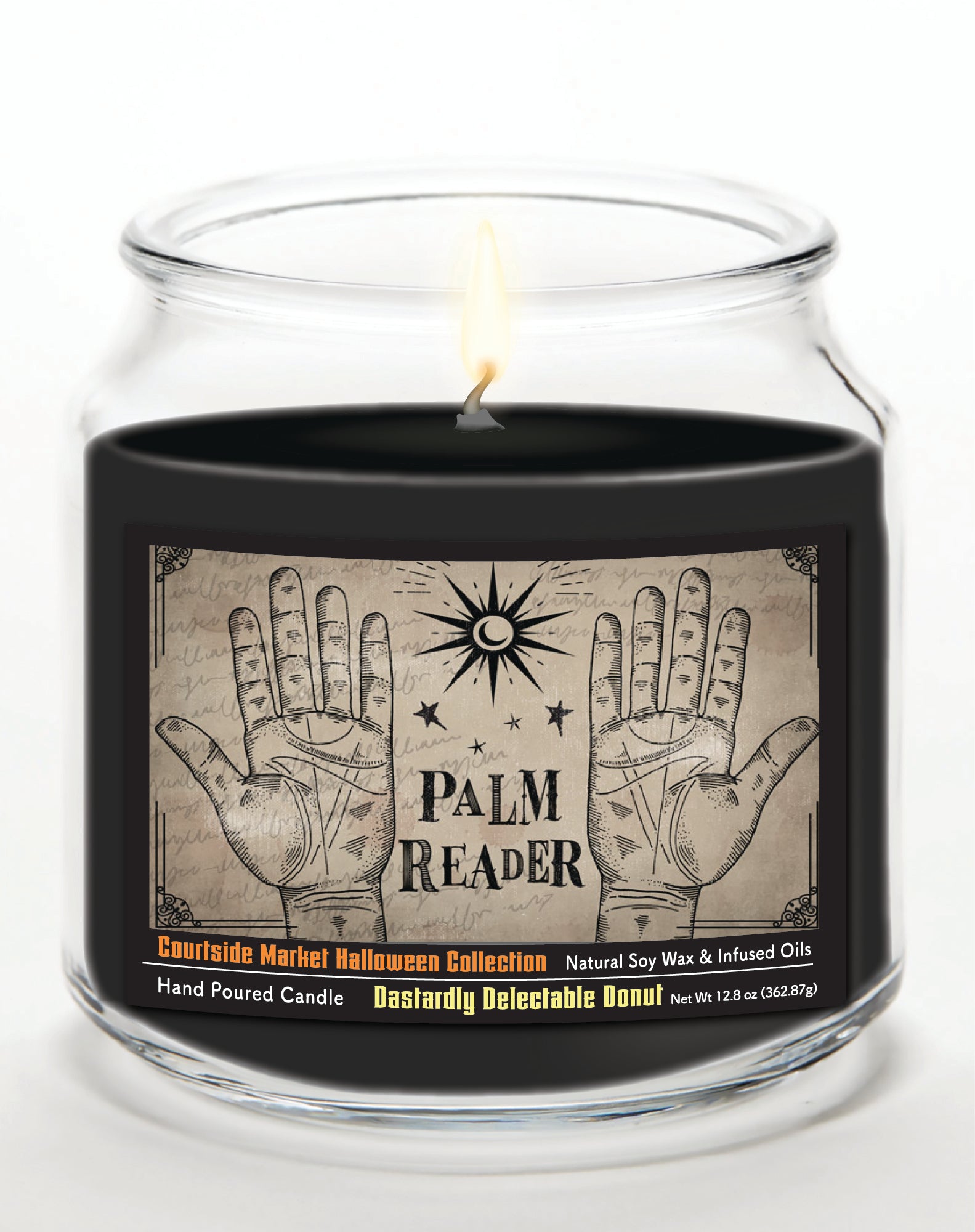 Palm Reader - Dastardly Doughnut 14 oz Candle Glass Jar with Brushed Silver Metal Lid