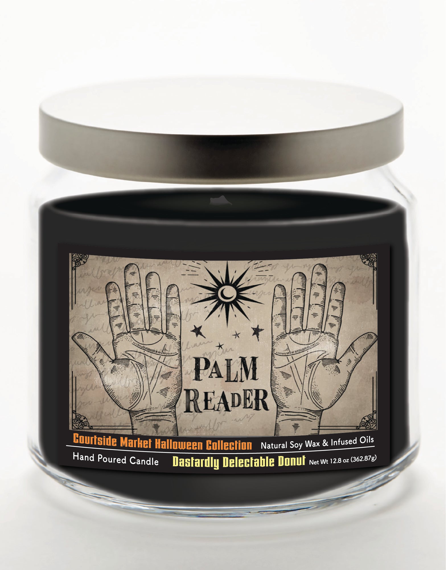 Palm Reader - Dastardly Doughnut 14 oz Candle Glass Jar with Brushed Silver Metal Lid