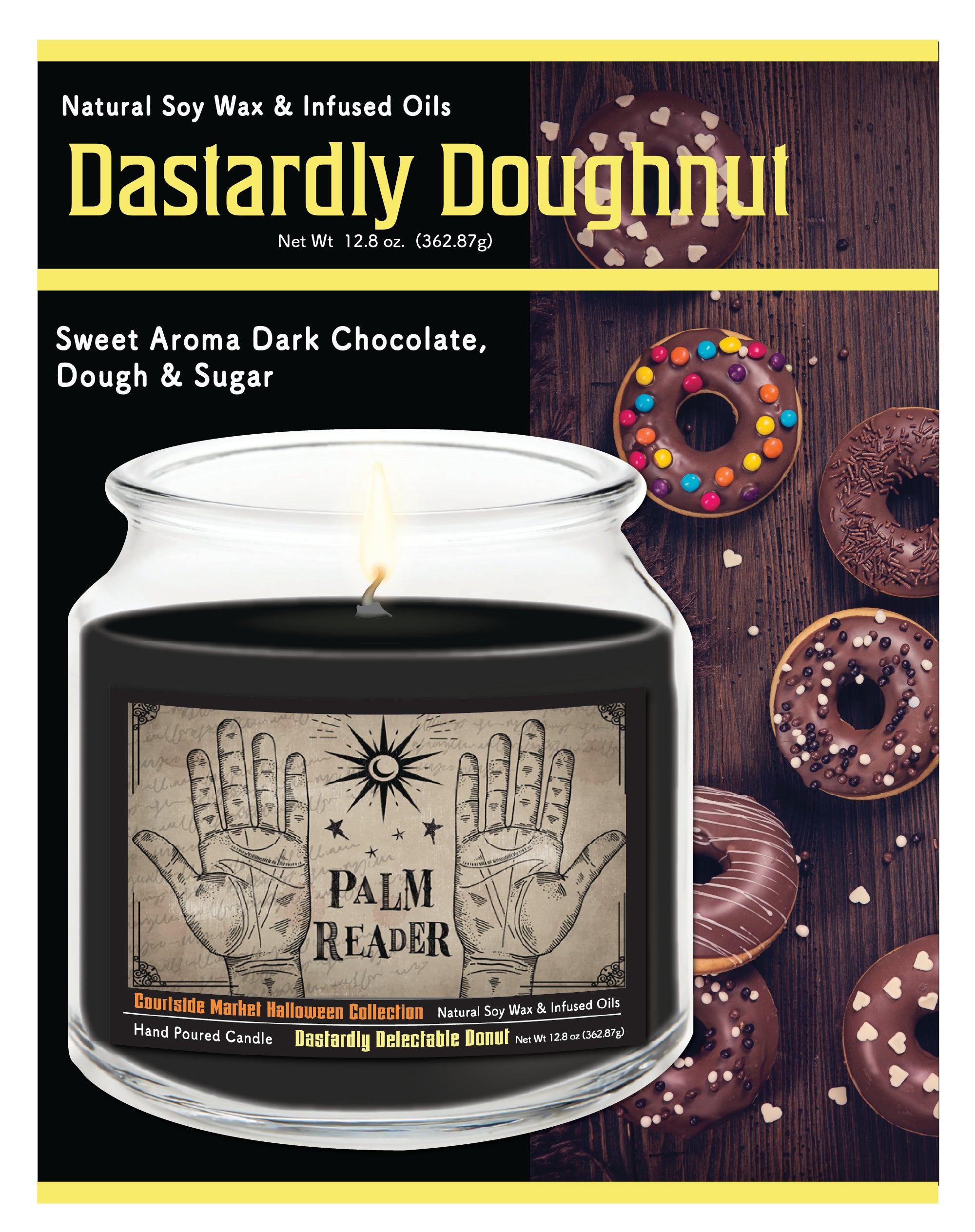 Palm Reader - Dastardly Doughnut 14 oz Candle Glass Jar with Brushed Silver Metal Lid