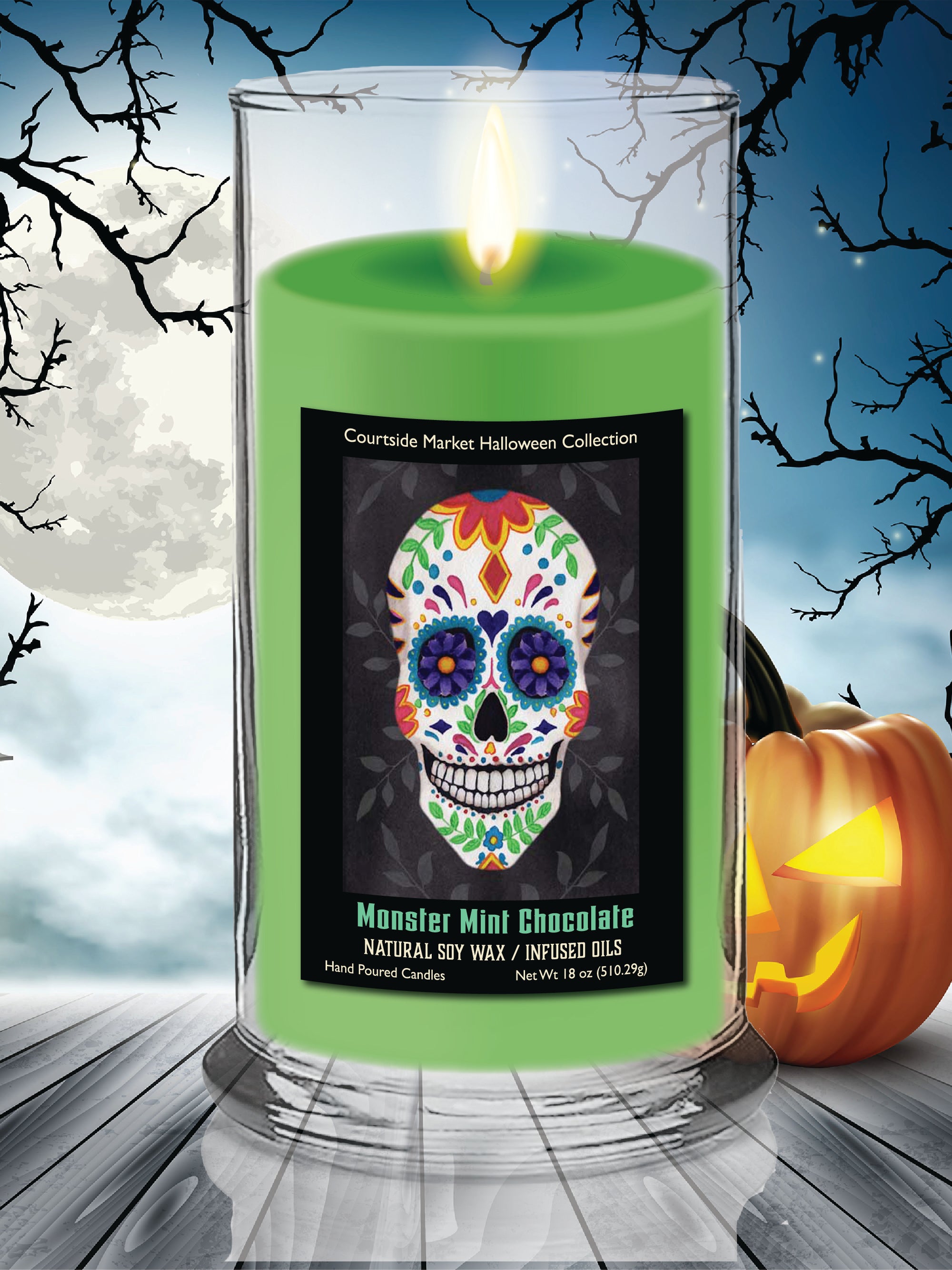 Sugar Skull 2 - Monster Mint Chocolate 18 oz Status Candle Glass