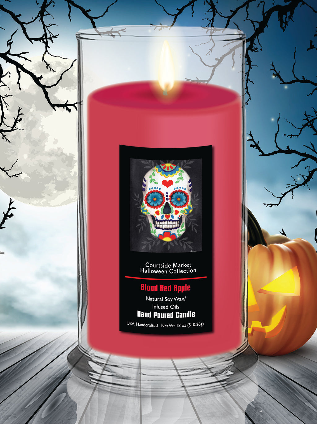 Sugar Skull 3 - Blood Red Apple 18 oz Status Candle Glass