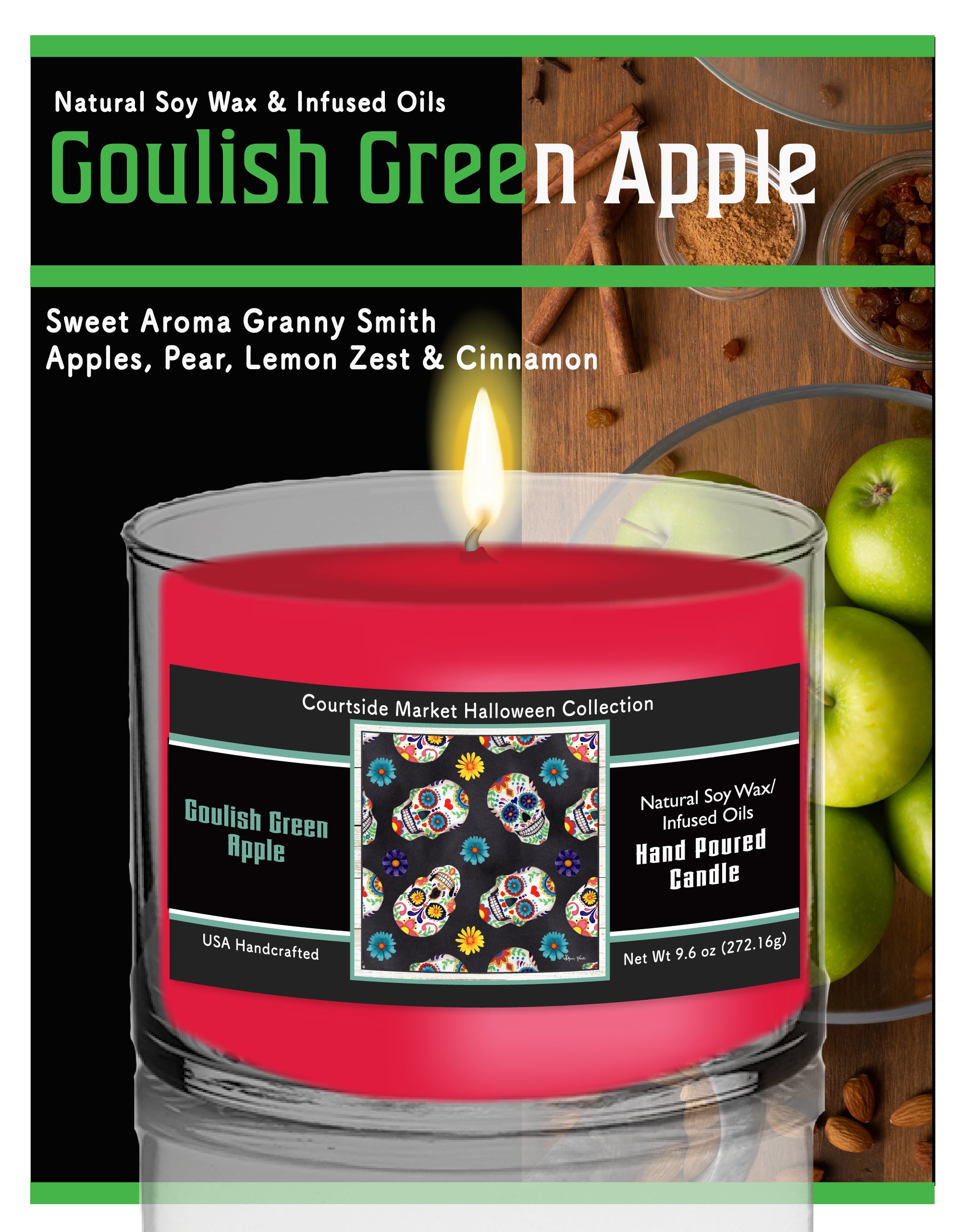Sugar Skull - Ghoulish Green Apple 9.6 oz Soy Wax Candle in Glass Jar
