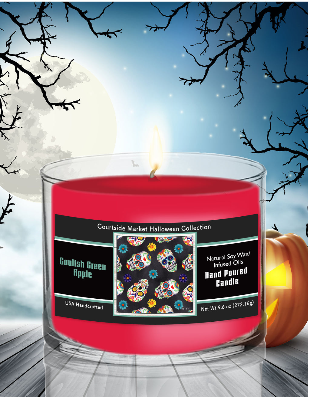 Sugar Skull - Ghoulish Green Apple 9.6 oz Soy Wax Candle in Glass Jar