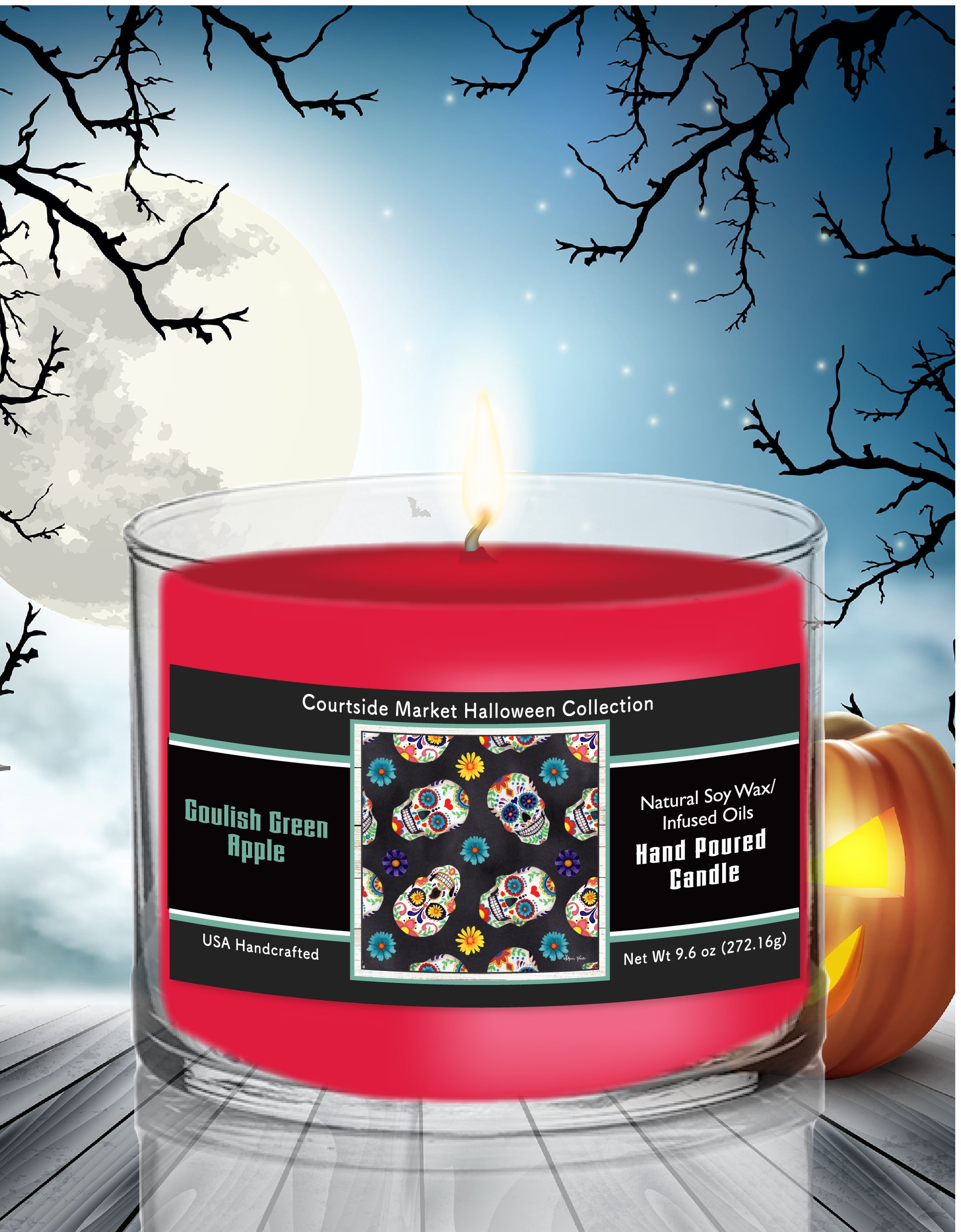 Sugar Skull - Ghoulish Green Apple 9.6 oz Soy Wax Candle in Glass Jar