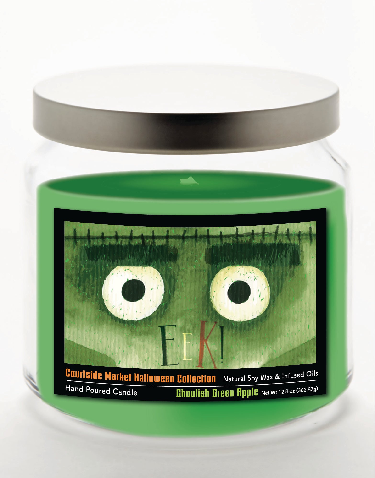 Eek! - Ghoulish Green Apple 14 oz Candle Glass Jar with Brushed Silver Metal Lid