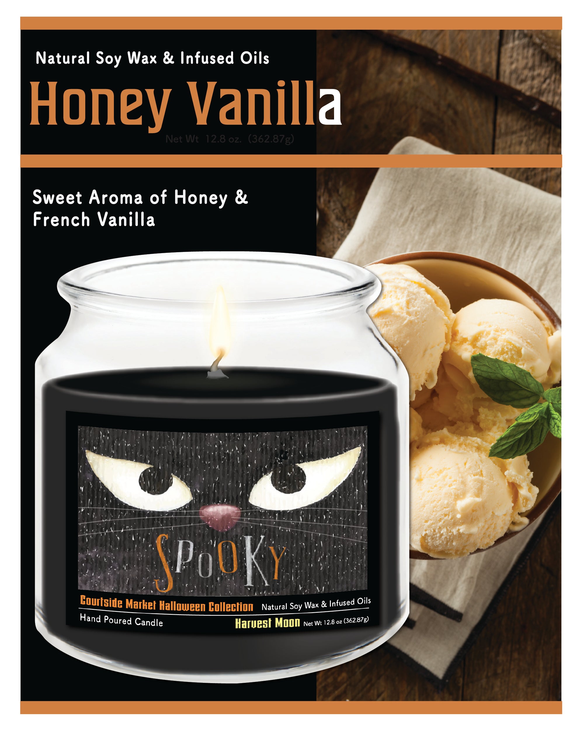 Spooky - Honey Vanilla 14 oz Candle Glass Jar with Brushed Silver Metal Lid