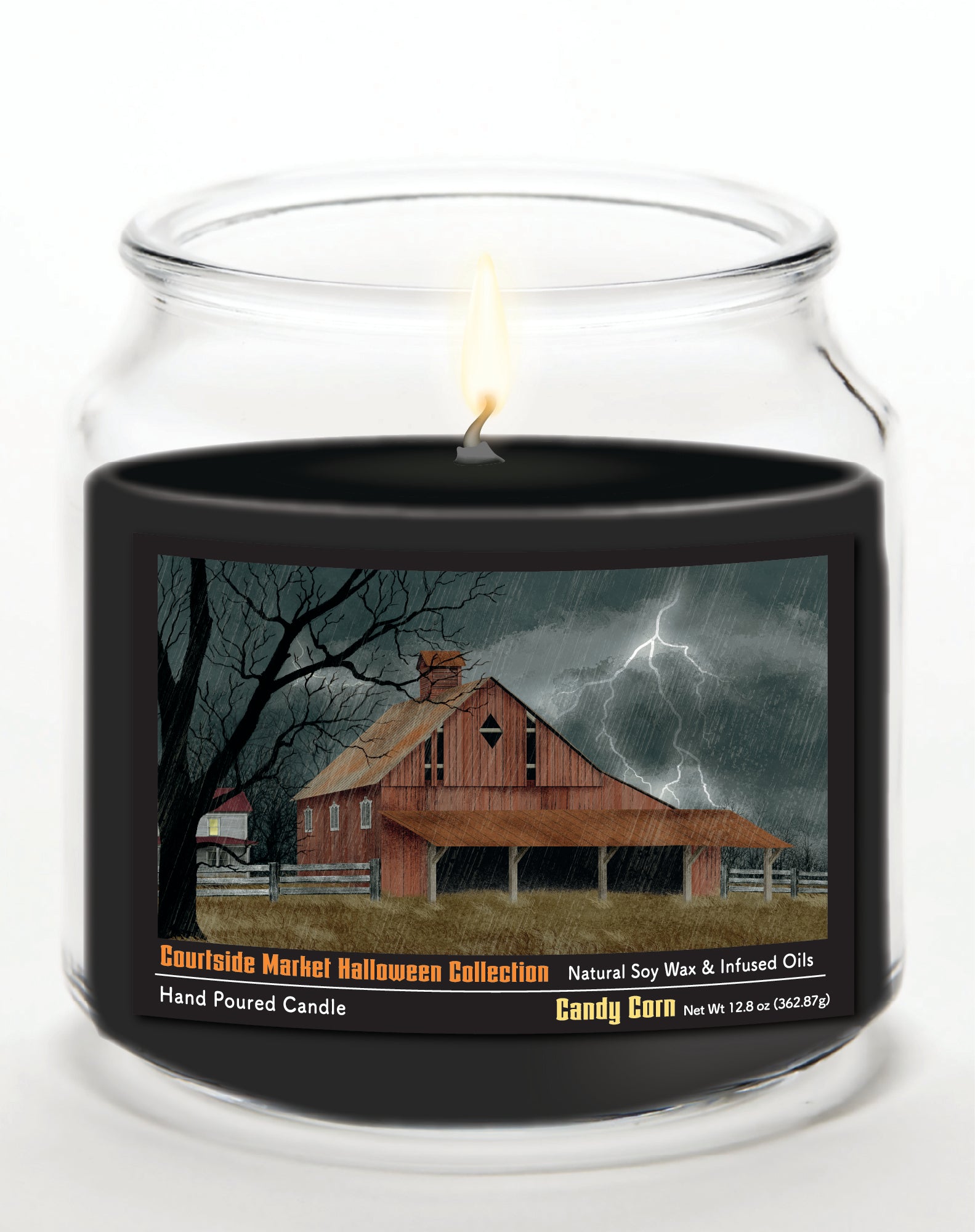 Halloween Collection Barn Lighting - Candy Corn 14 oz Candle Glass Jar with Brushed Silver Metal Lid