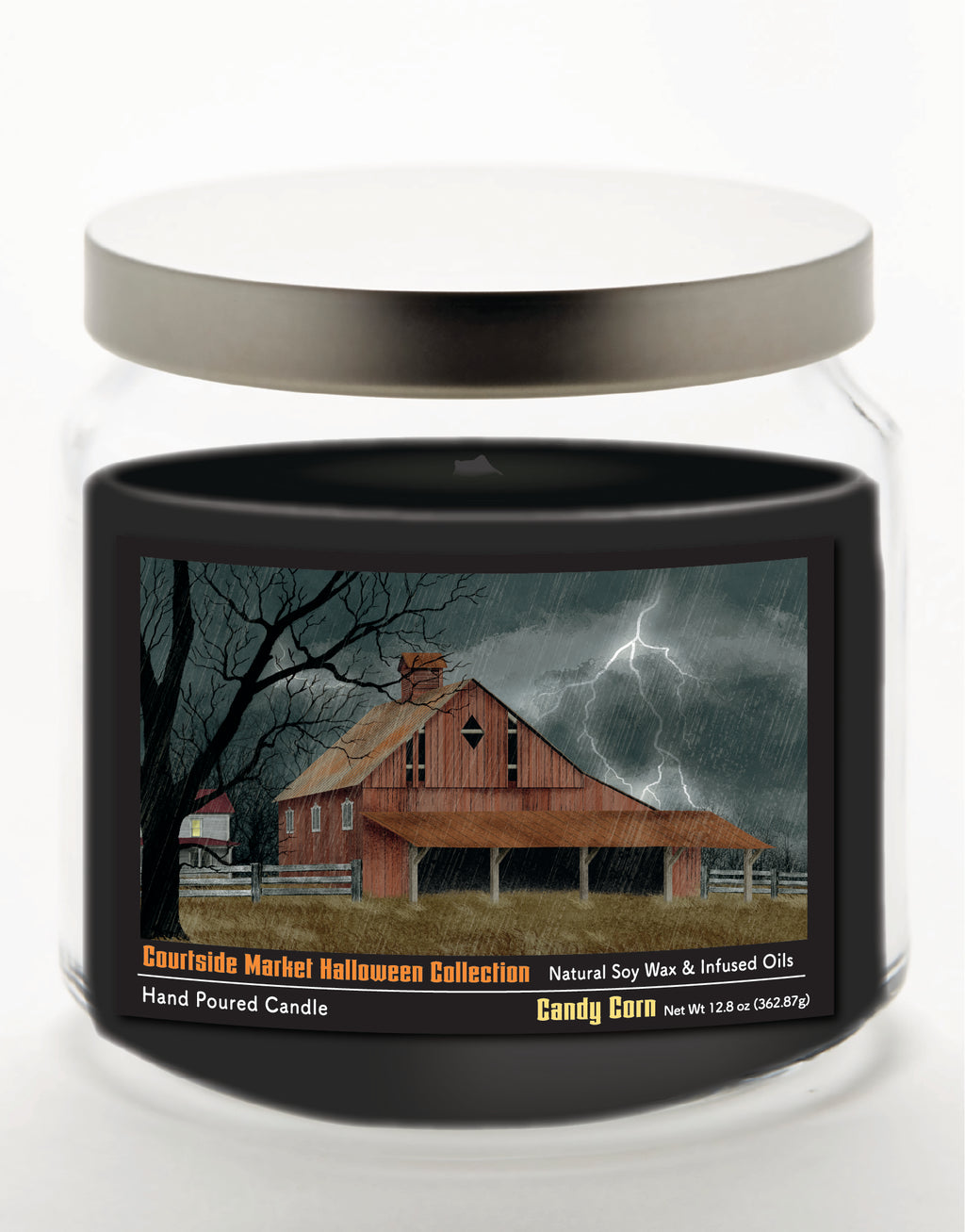 Halloween Collection Barn Lighting - Candy Corn 14 oz Candle Glass Jar with Brushed Silver Metal Lid