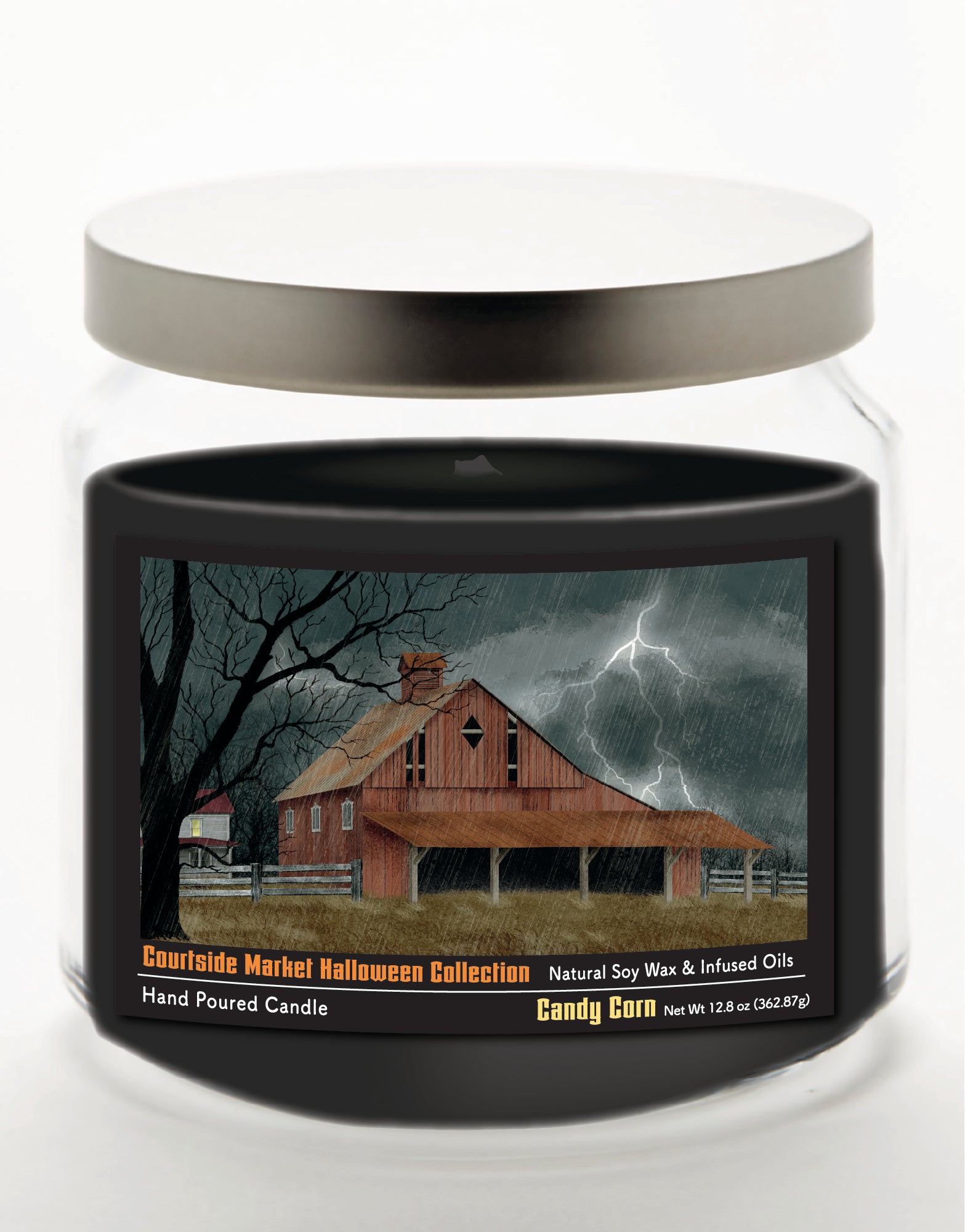 Halloween Collection Barn Lighting - Candy Corn 14 oz Candle Glass Jar with Brushed Silver Metal Lid