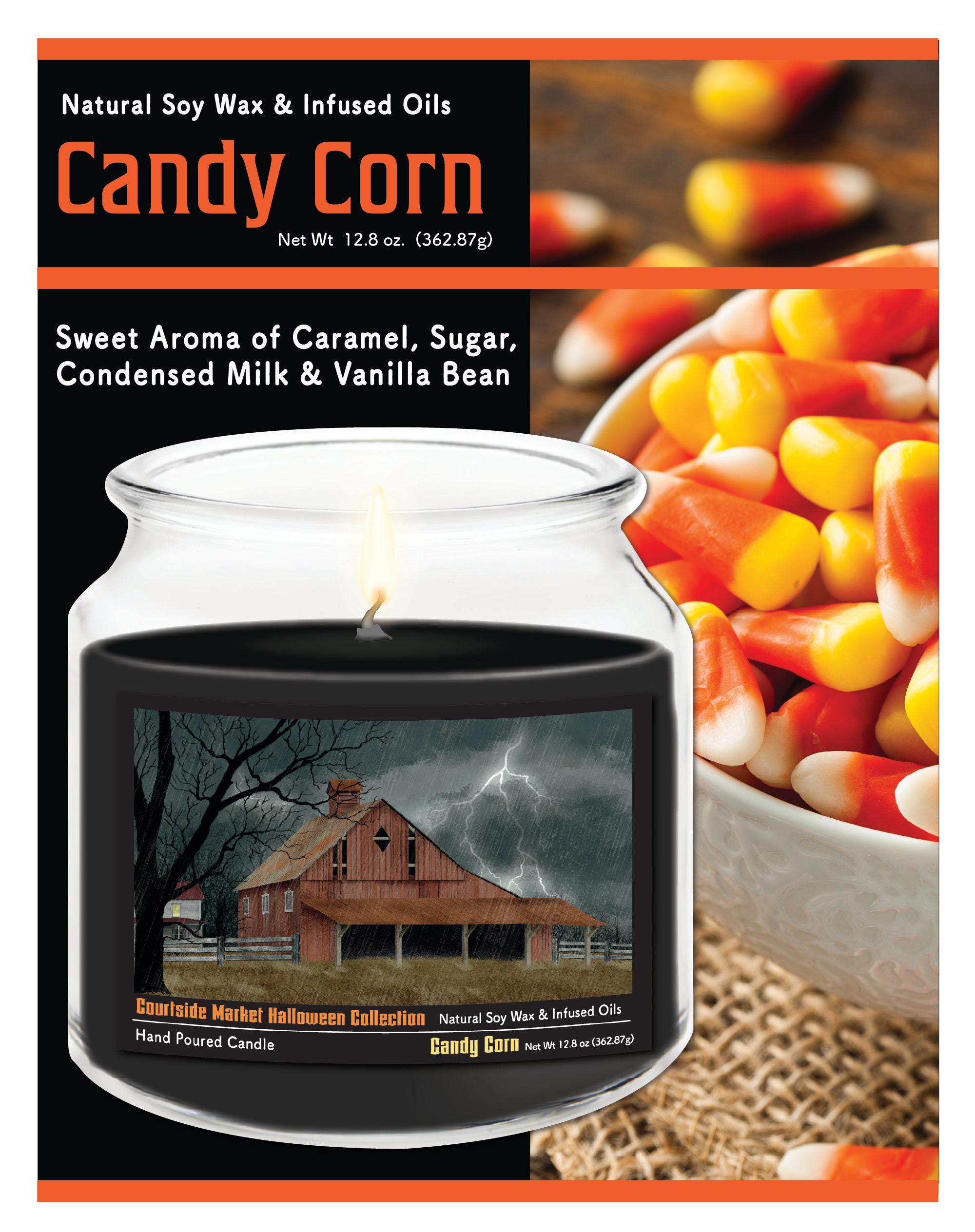 Halloween Collection Barn Lighting - Candy Corn 14 oz Candle Glass Jar with Brushed Silver Metal Lid